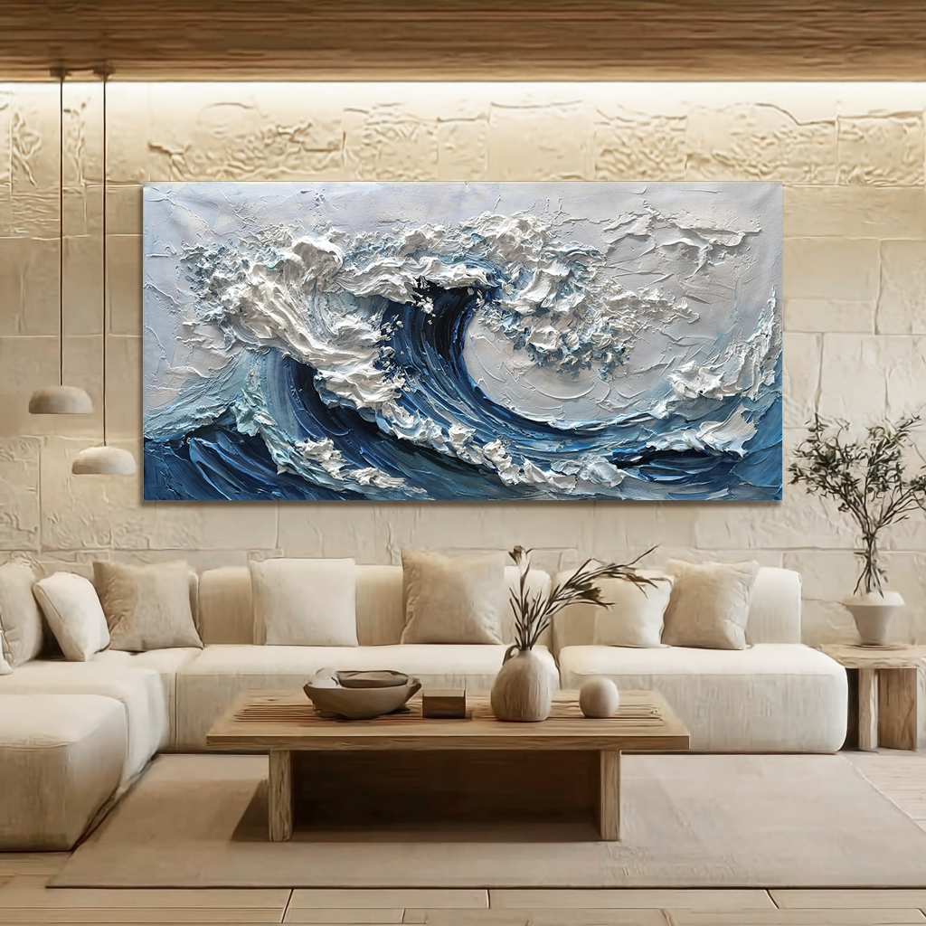 Arctic Surge – Hand-Painted Deep Blue and White 3D Impasto Palette Knife Texture Painting | Modern Abstract Living Room & Office Art