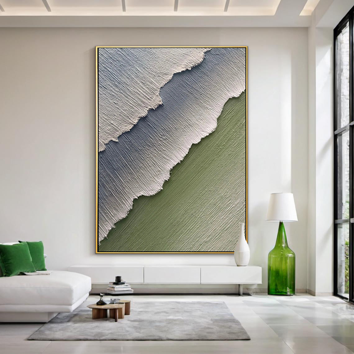 Mint Strata – Minimalist Sage Green Plaster Effect Layered Landscape Painting | Contemporary Landscape Living Room & Dining Room Art