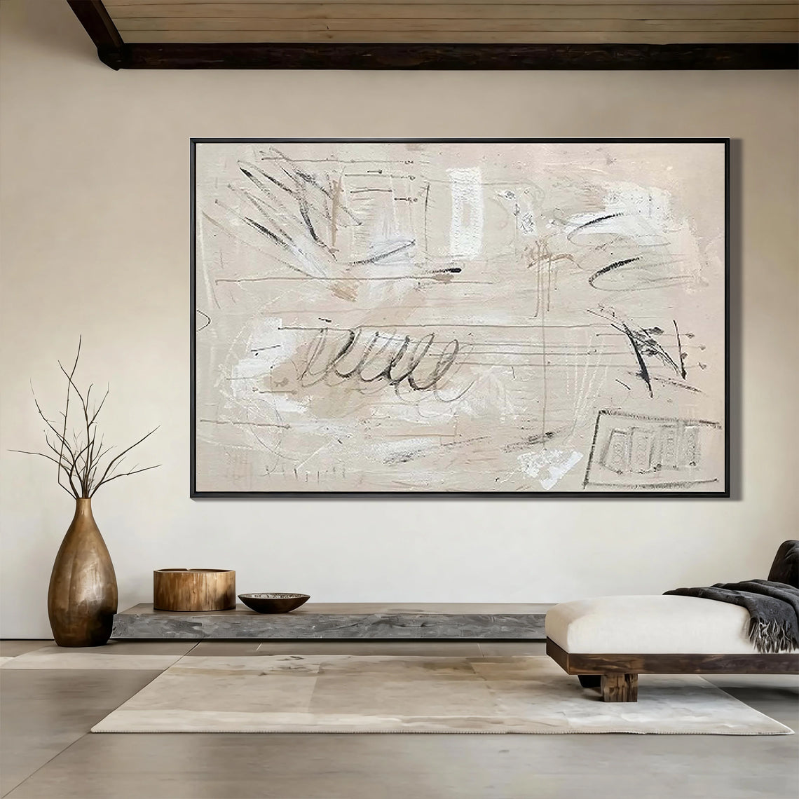 Cream Sketch – Hand-Painted Neutral Beige Abstract Scribble Plaster Effect Wabi-Sabi Painting | Japandi Organic Wabi-Sabi Living Room & Hallway Art