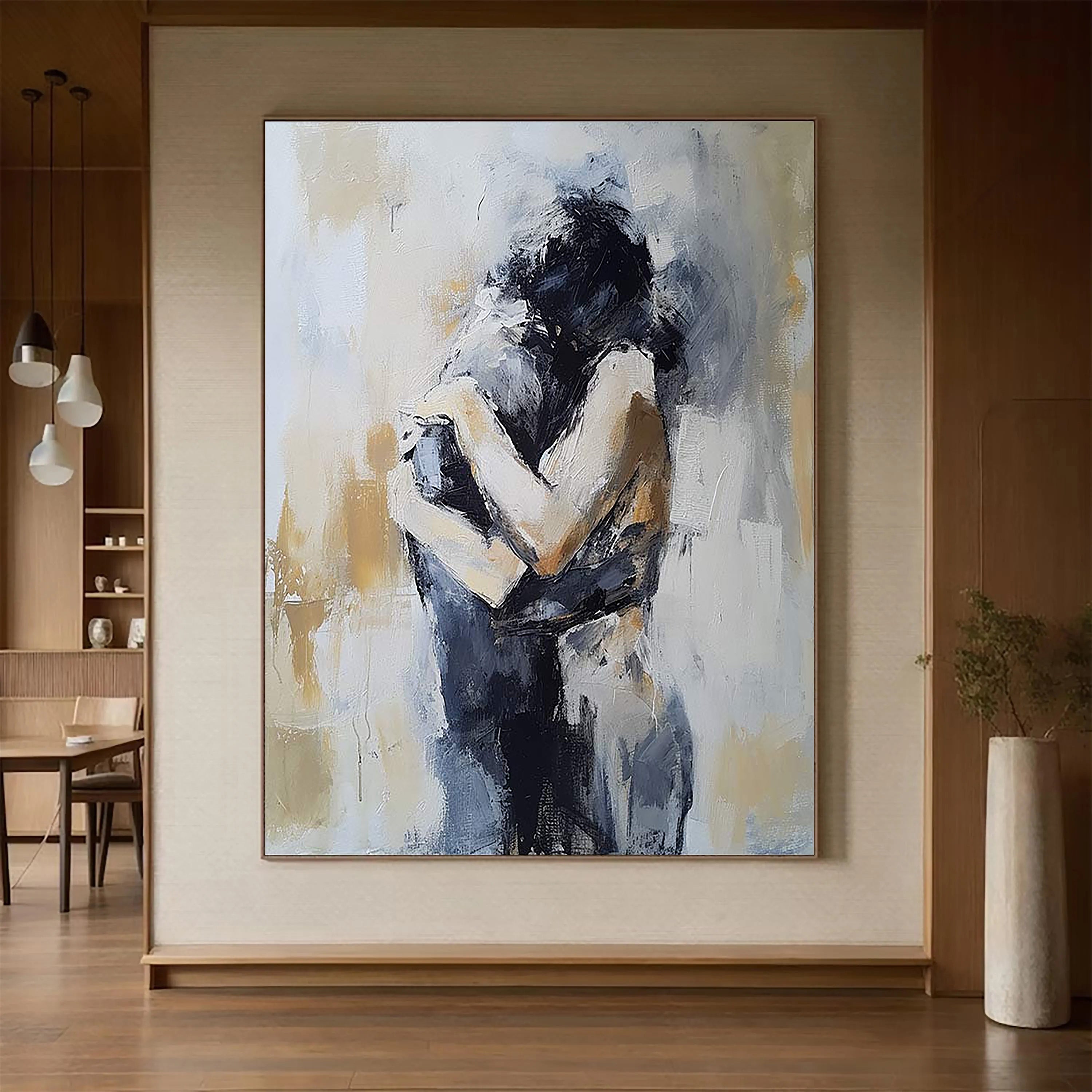 Silent Embrace – Heavy Texture Couple Silhouette Portrait Painting | Contemporary Expressionist Living Room & Office Art