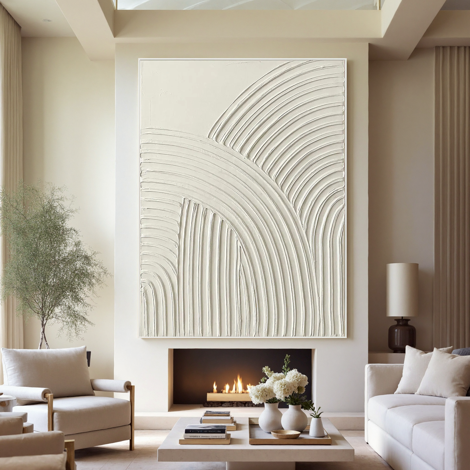 Sacred Arches – Minimalist Cream White Arch Textured Painting | Modern Geometric Plaster Hallway Art