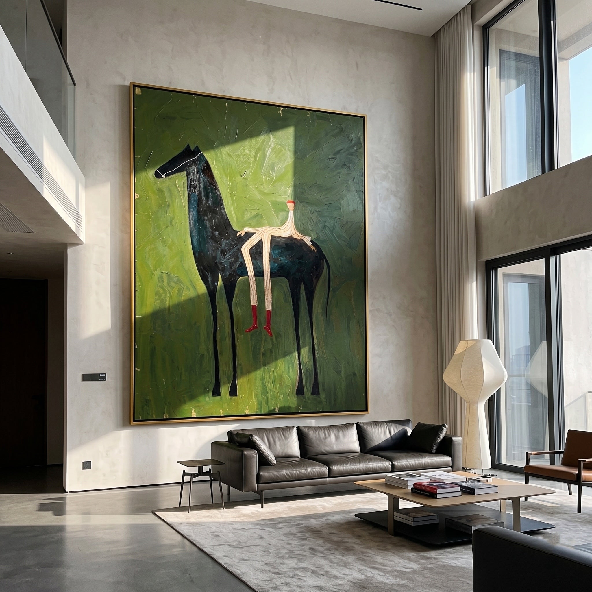 The Solitary Dreamer – Surrealistic Black Horse & Red Boots Painting | Modern Minimalist Living Room Art