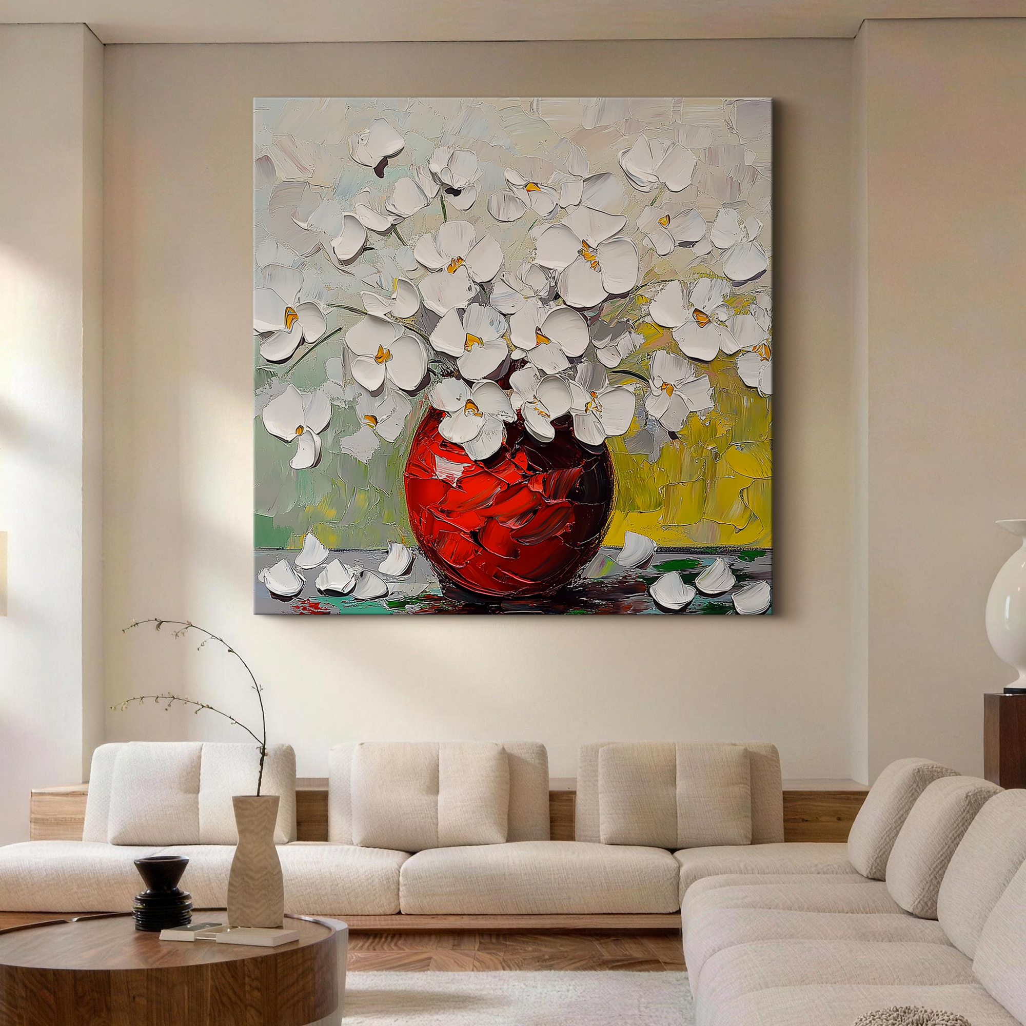 Crimson Radiance – Modern Textured White Floral Painting | Luxury Red Vase Impressionist Hallway Art