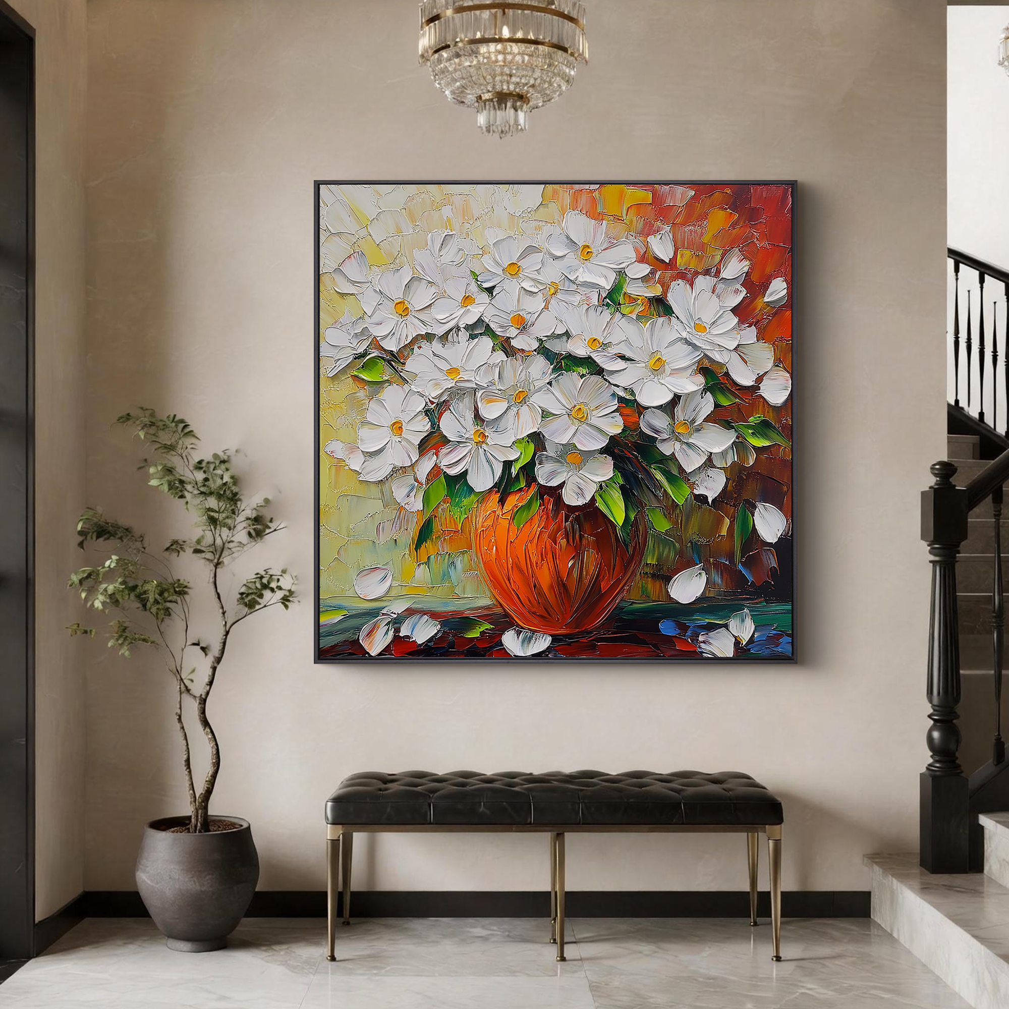 Sun-Drenched Bloom – Modern Impressionist Textured Daisy Painting | Vibrant Warm Tone Living Room Art