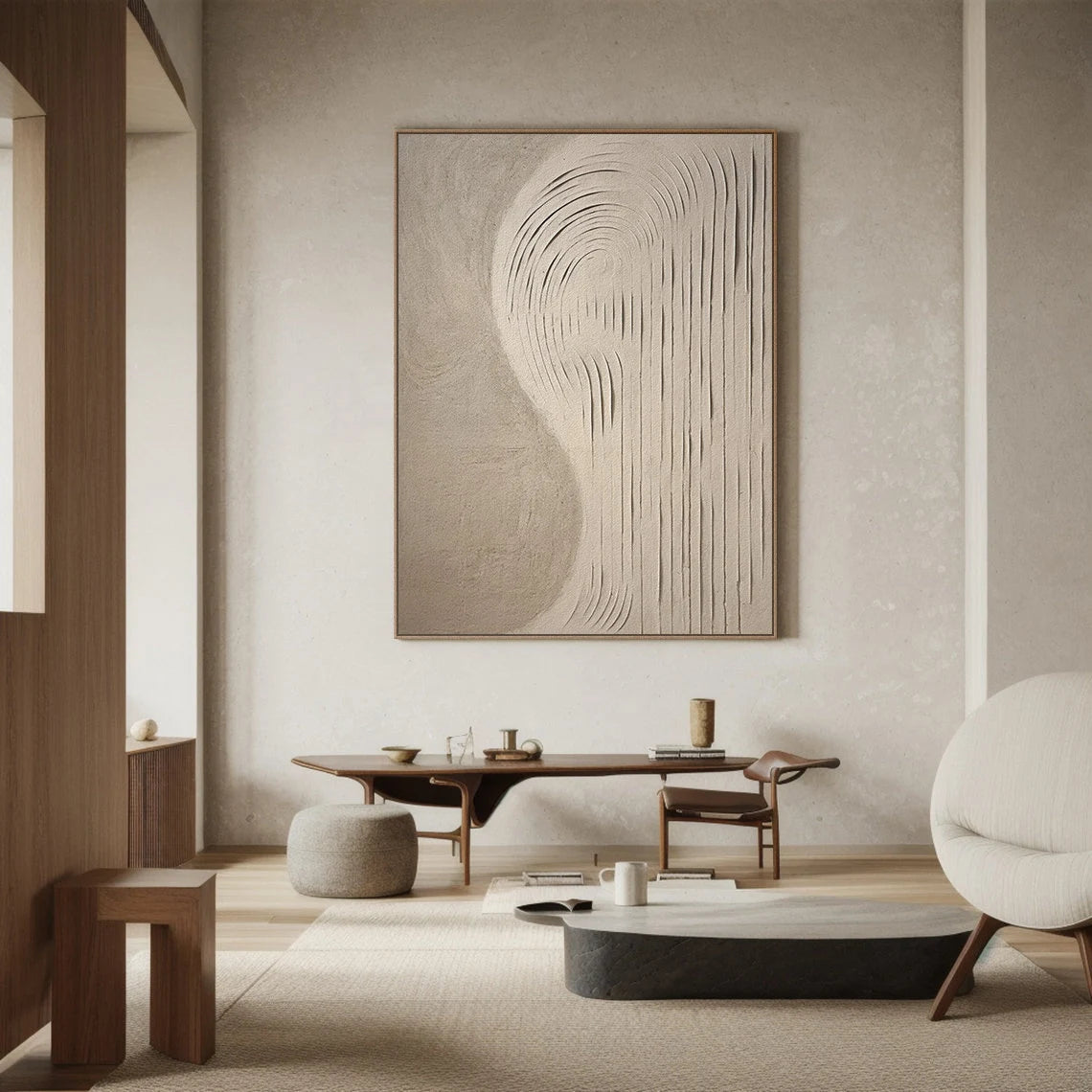 Zen Rhythm – Hand-Painted Minimalist Beige Plaster Effect Relief Wabi-Sabi Painting | Japandi Organic Wabi-Sabi Living Room & Hallway Art