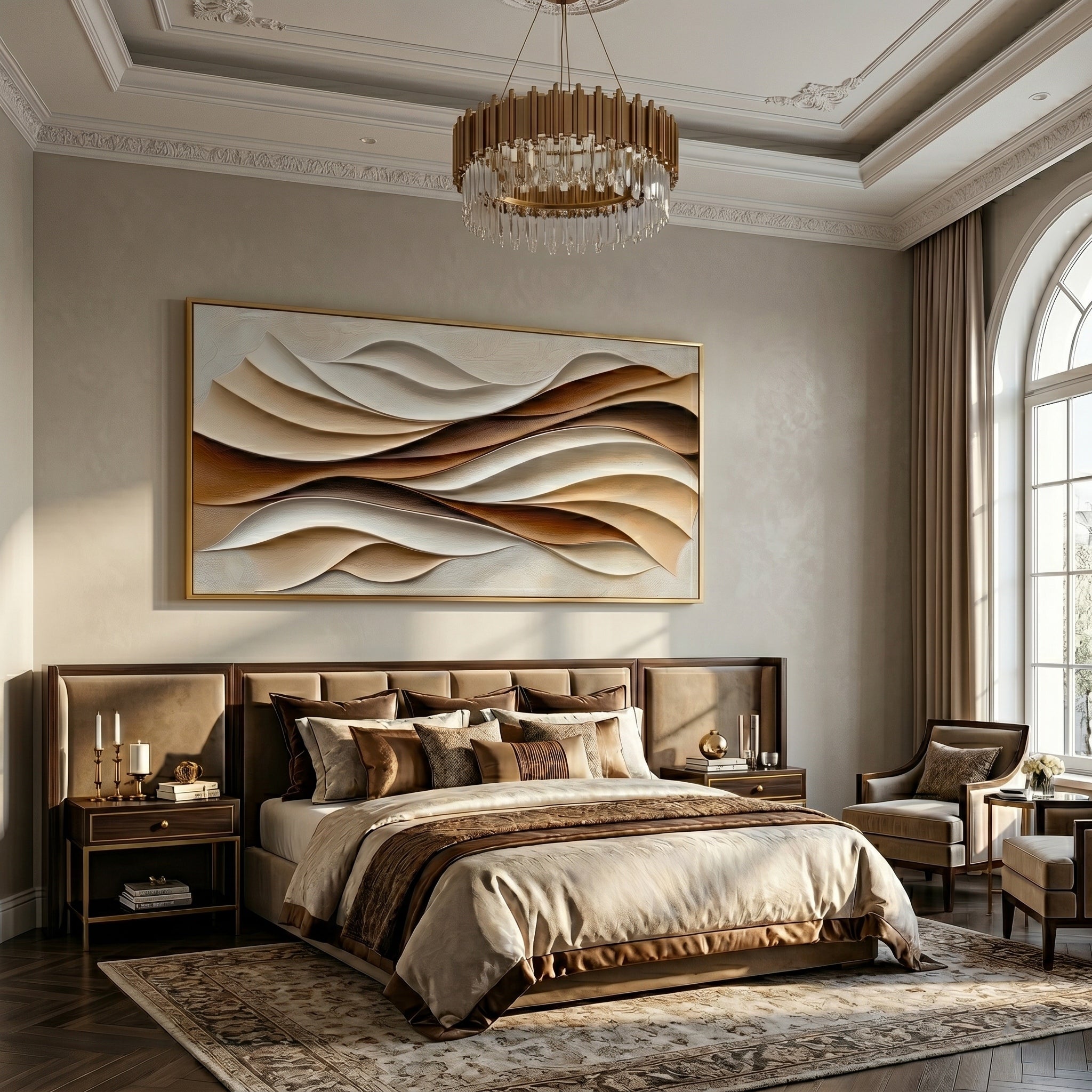 Caramel Contours – Modern Cream & Brown 3D Curved Relief Art | Minimalist Geometric Living Room Art