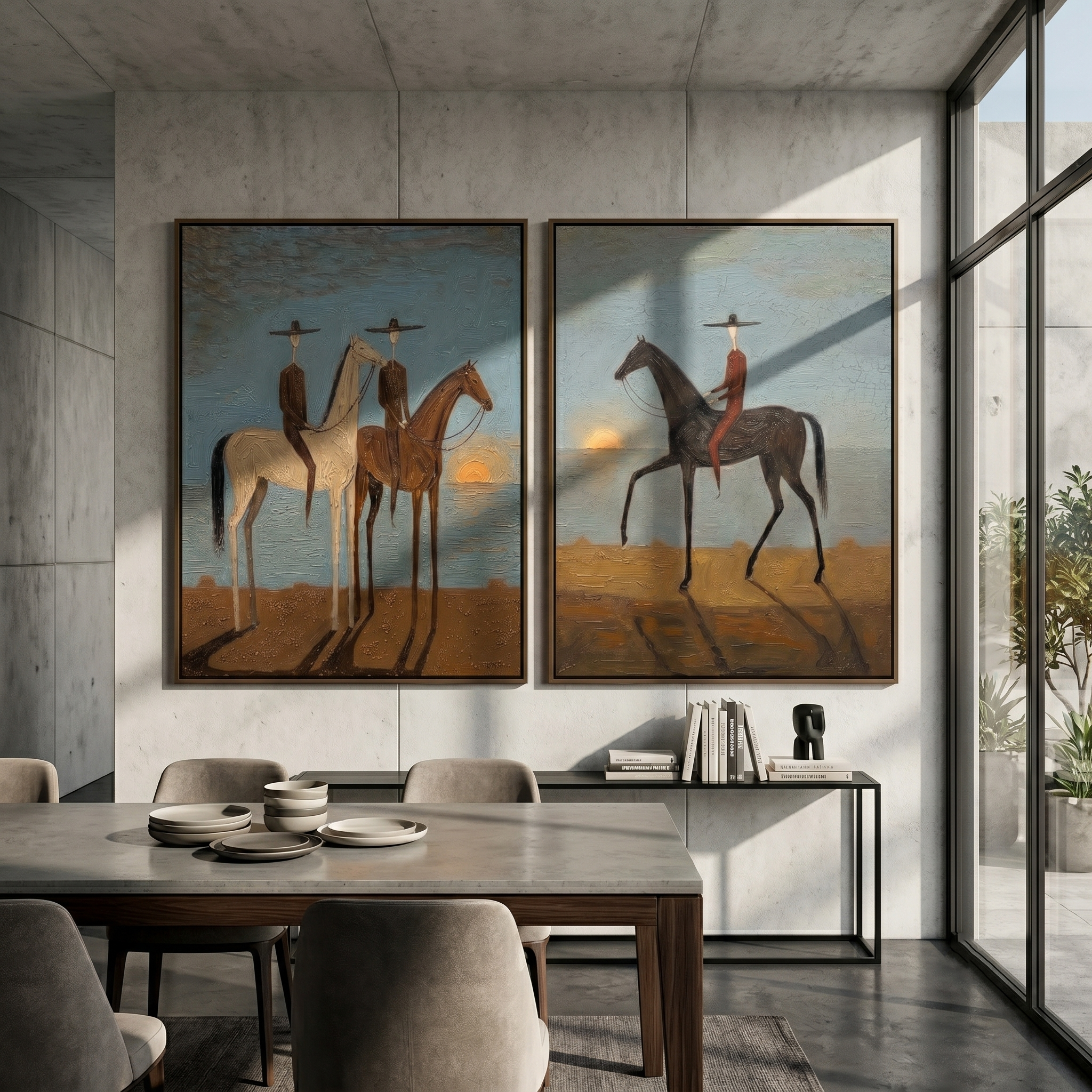 Dusk Riders Diptych – Vintage Americana Cowboys at Sunset Two-Panel Painting | Atmospheric Western Living Room Art