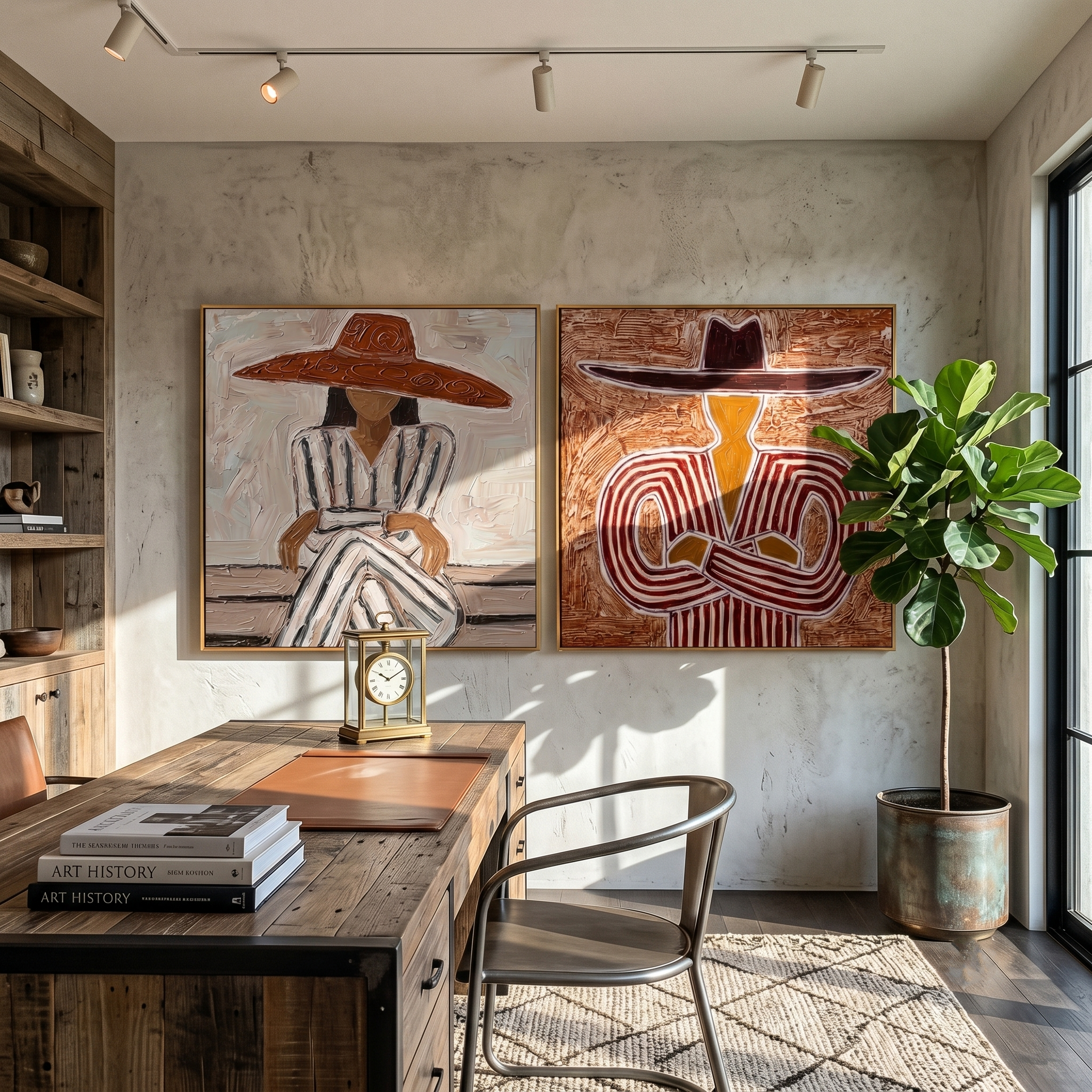 The Sienna Pair – Vintage Americana Diptych Sombrero Portrait Painting | Bold Rustic Living Room Art