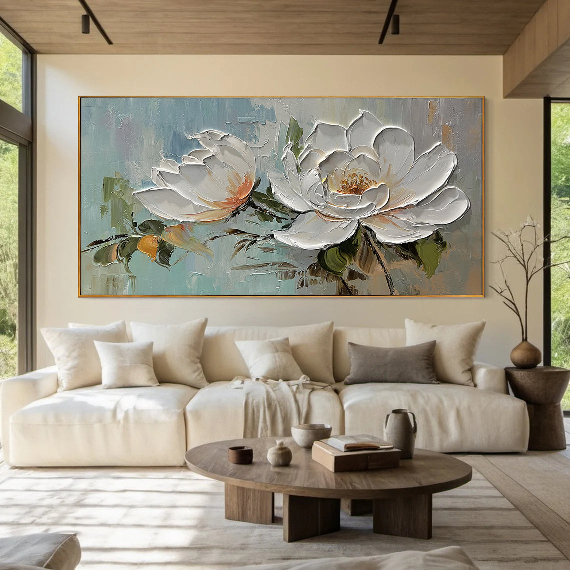 Magnolia Calm – Modern French Luxury Magnolia Floral Textured Painting | Large Horizontal Bedroom Art