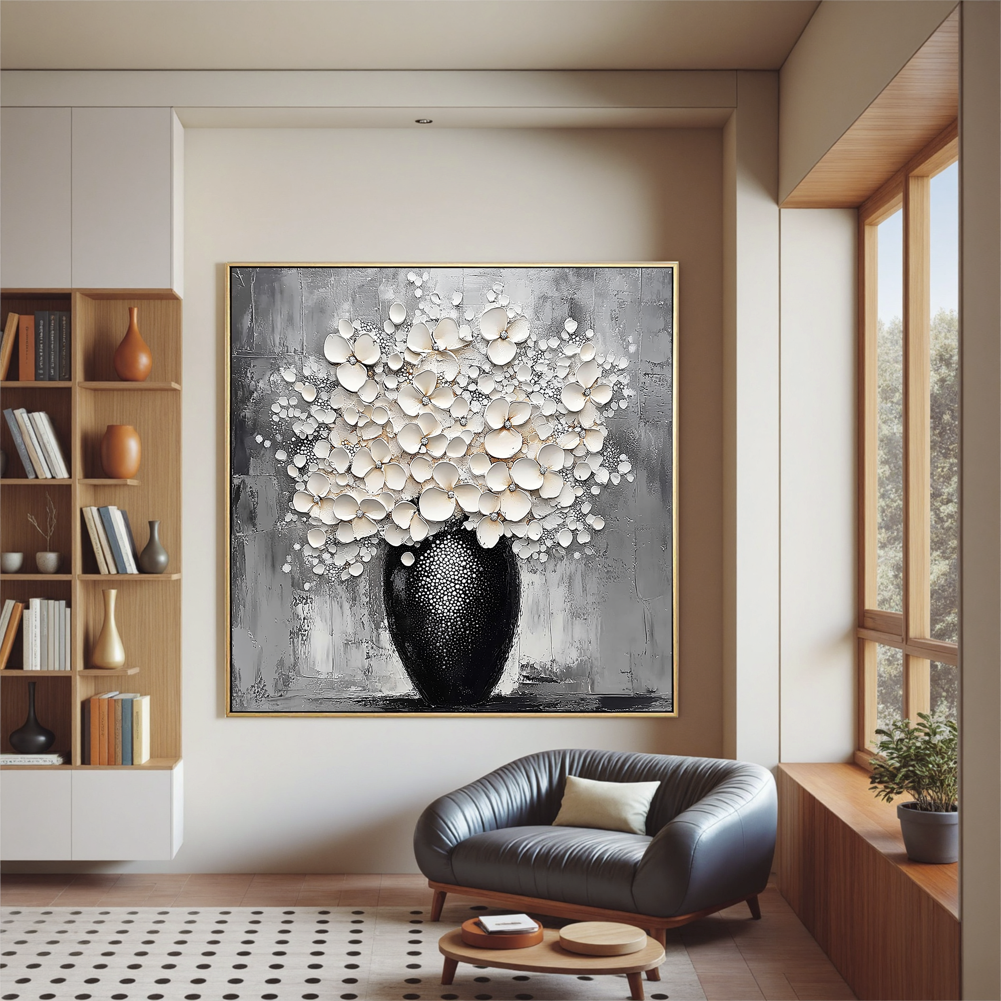 Blossoms in Relief – Modern Textured Floral Bouquet Painting | Luxury Black and White Still Life Vase Dining Room Art