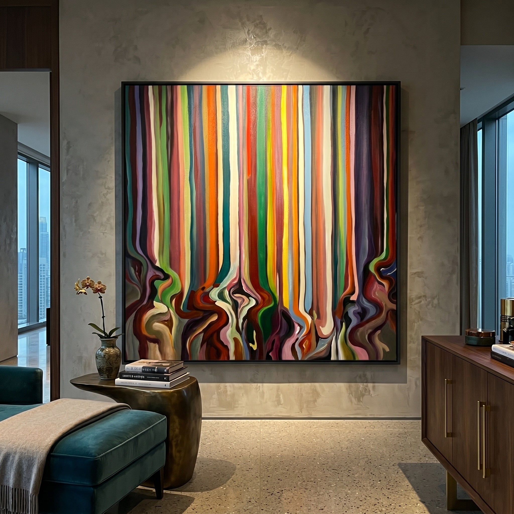 Chromatic Symphony – Modern Abstract Vertical Stripe Fluid Painting | High-End Canvas Living Room Art
