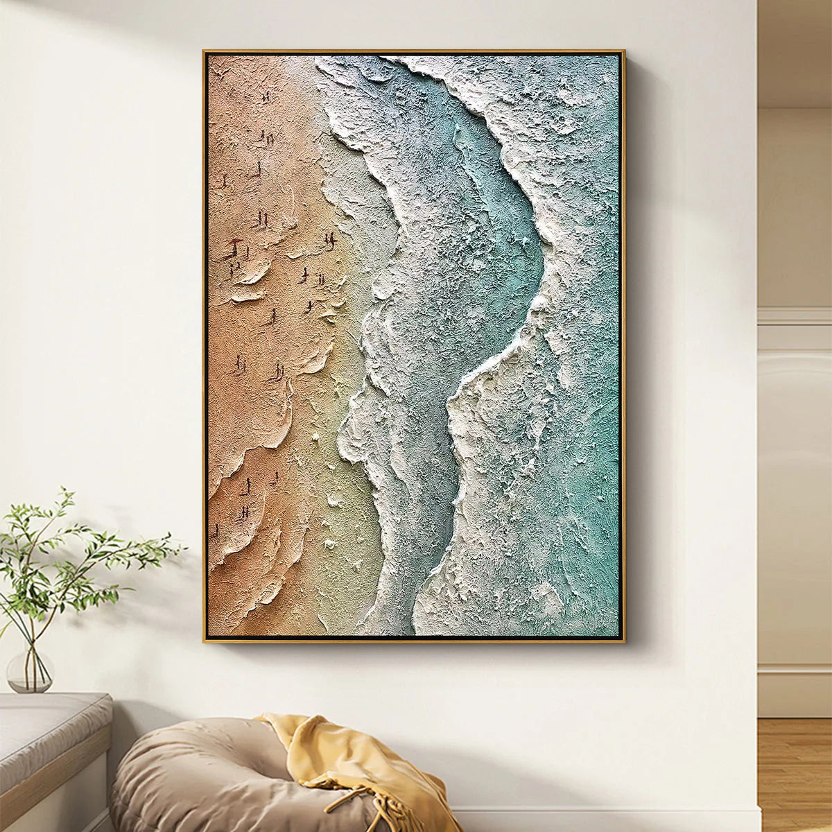 COASTAL RHYTHM: Seascape Wall Art, Hand-Painted Sandy Beach Ocean Wave Relief Textured Gallery Art