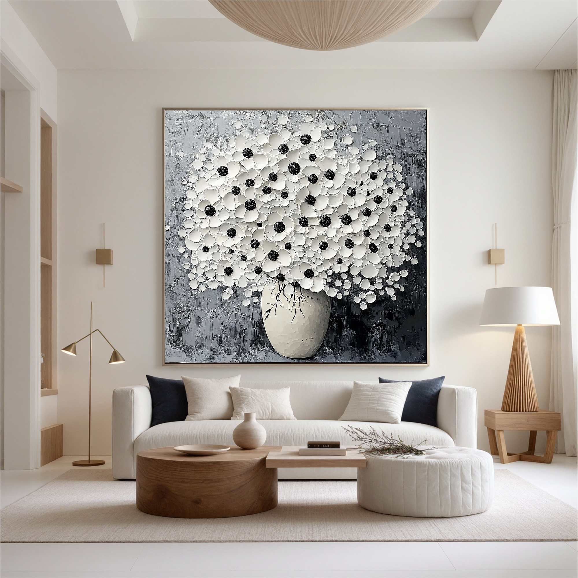 Monochrome Bloom – Modern Textured Black and White Floral Painting | Minimalist Impasto Still Life Vase Hallway Art