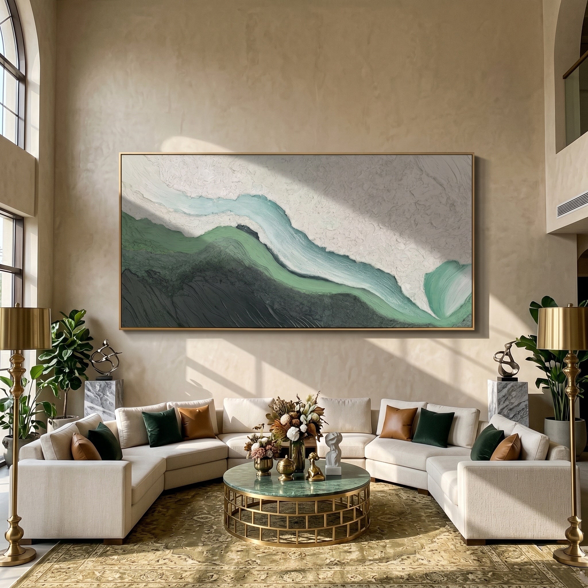 Mossy Earth – Panoramic Heavy Texture Green Abstract Painting | Wabi-sabi Nature Inspired Living Room Art