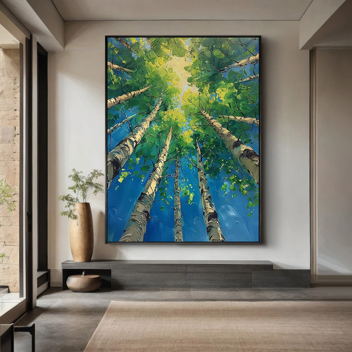 Azure Birch – Hand-Painted Looking Up Birch Forest Blue Sky Palette Knife Thick Nature Painting | Coastal Modern Living Room & Bedroom Art