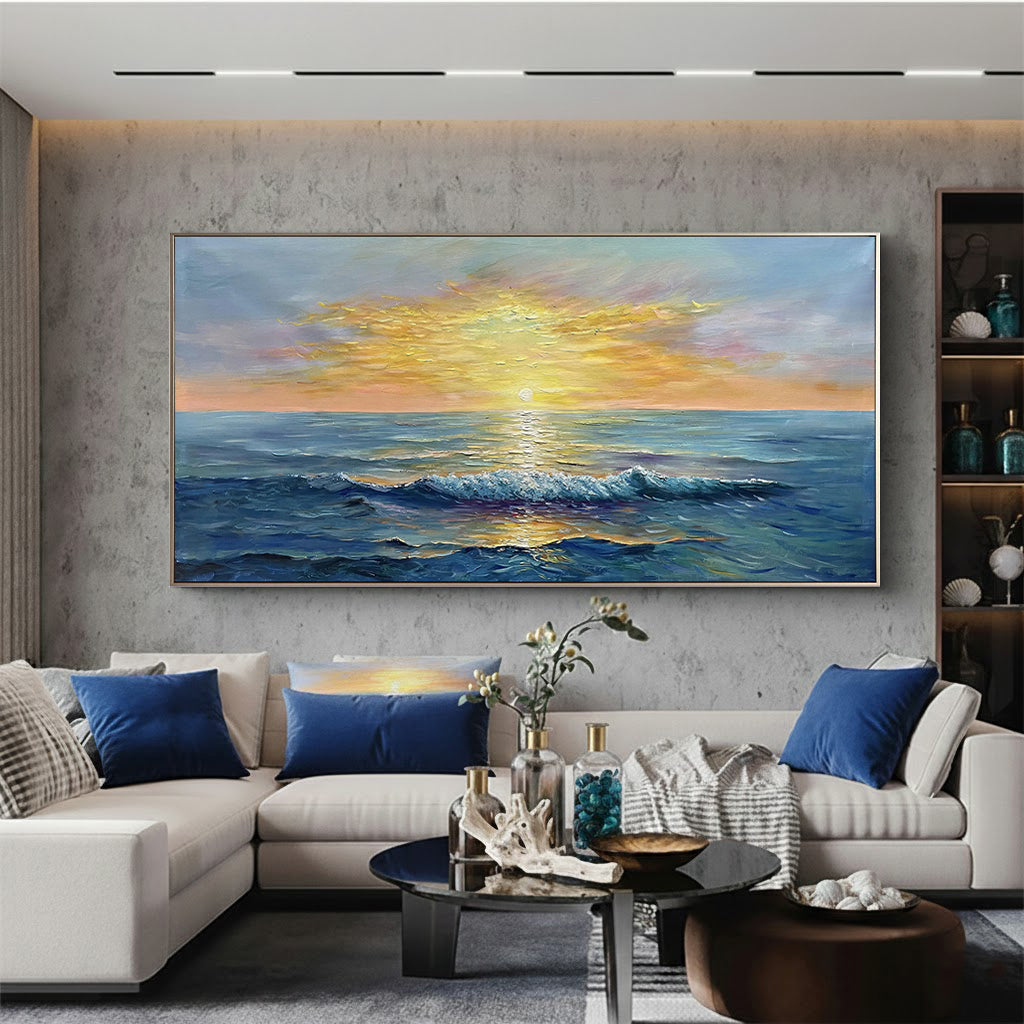 Golden Horizon – Ocean Sunset Wave Heavy Texture Hand-Painted Impressionist Seascape Painting | Coastal Modern Living Room & Bedroom Art