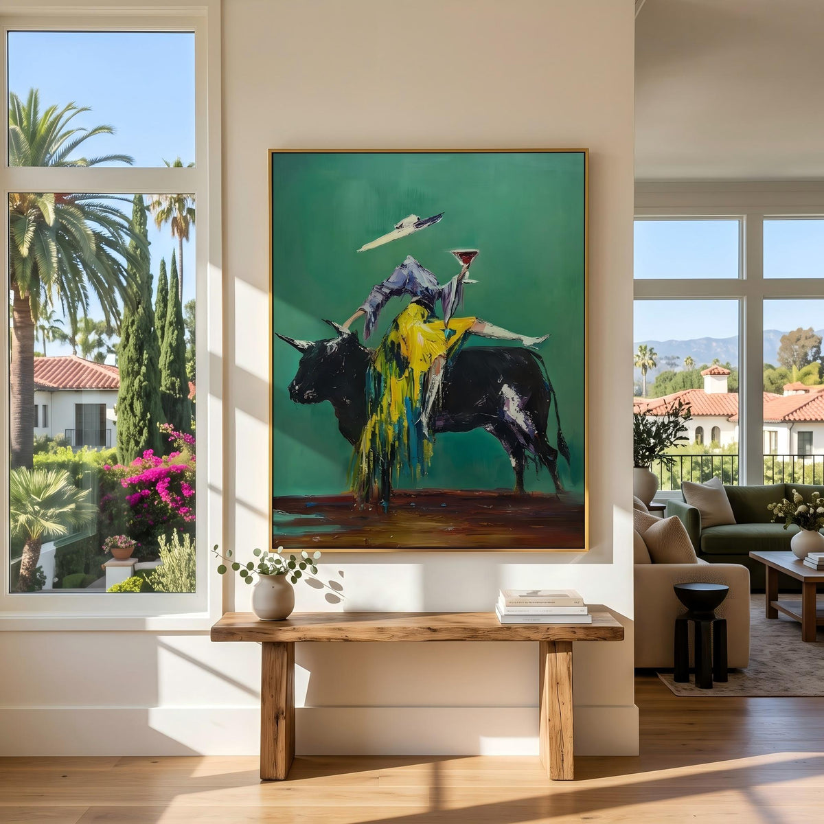 Emerald Bull Toast Society – Pop Art Bull and Western Figures Painting | Colorful Vertical Wall Art