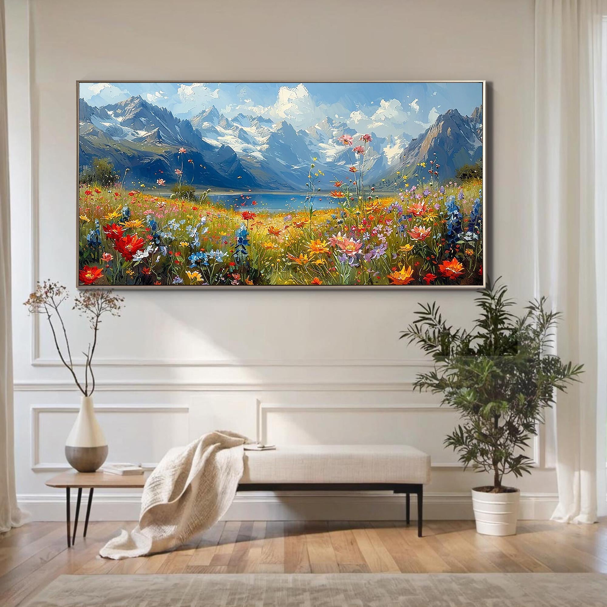 Alpine Bloom – Hand-Painted Snow Mountain and Wildflower Lake Landscape Painting | Contemporary Botanical Bedroom & Living Room Art
