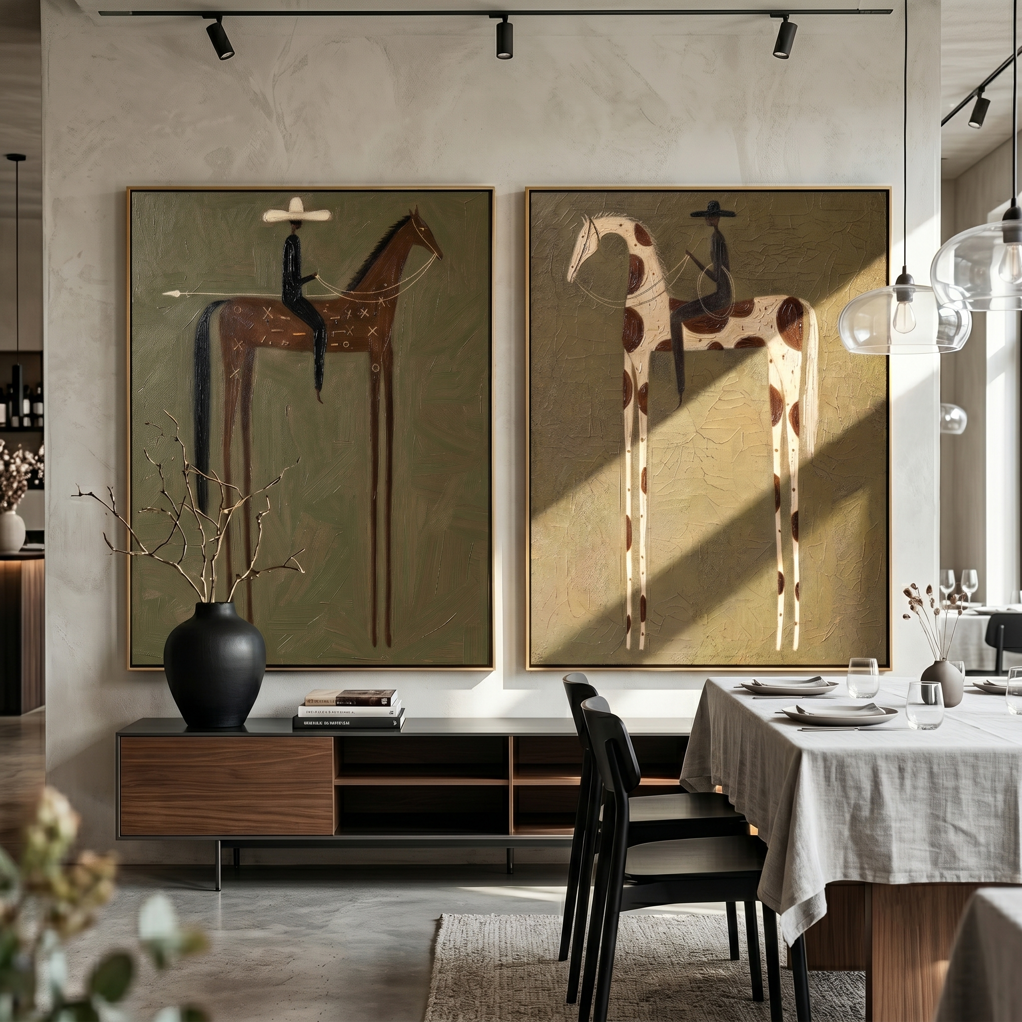 Olive Pair Diptych – Vintage Americana Two Folk Riders Two-Panel Painting | Wabi-Sabi Living Room Art