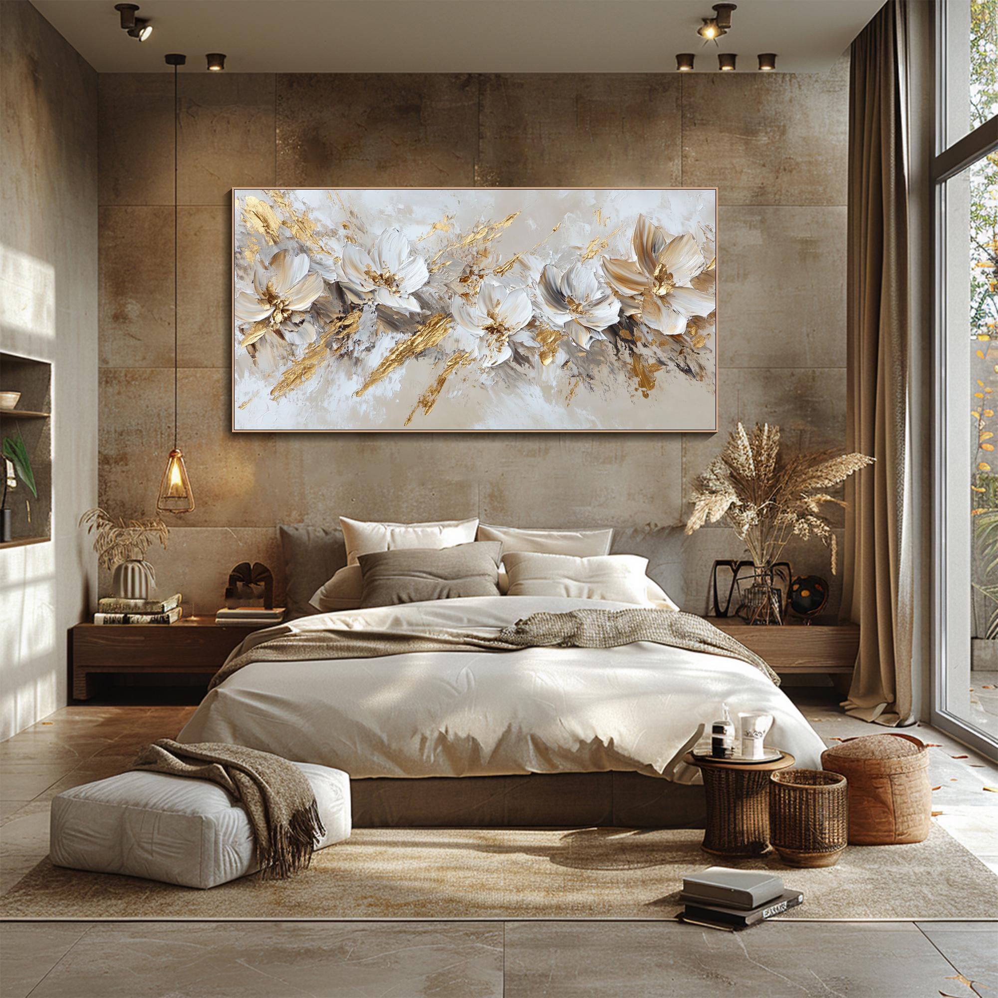 Divine Wings – Modern White & Gold Leaf Relief Floral Painting | Modern Luxury Botanical Bedroom & Living Room Art