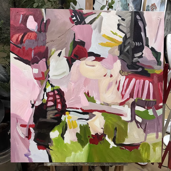 Midsummer Concerto – Modern Expressionist Pink & Green Abstract Painting | Mid-Century Vintage Hallway Art