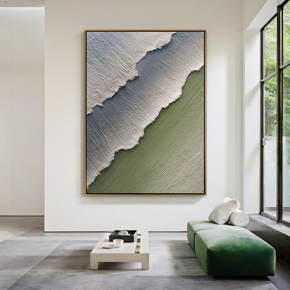 Mint Strata – Minimalist Sage Green Plaster Effect Layered Landscape Painting | Contemporary Landscape Living Room & Dining Room Art