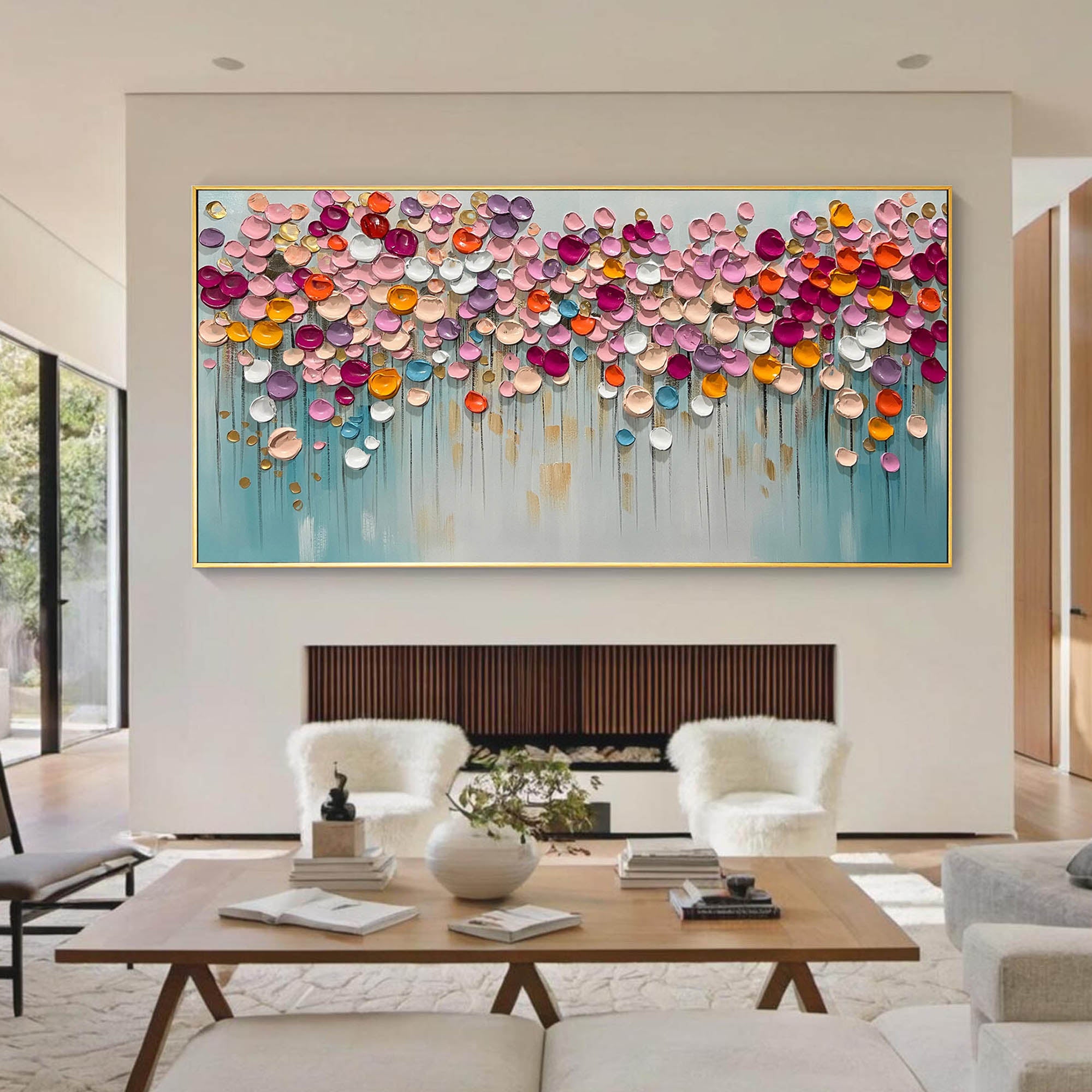 Candy Bloom – Vibrant Mosaic Petal Relief Floral Painting | Vibrant Botanical Living Room & Dining Room Art