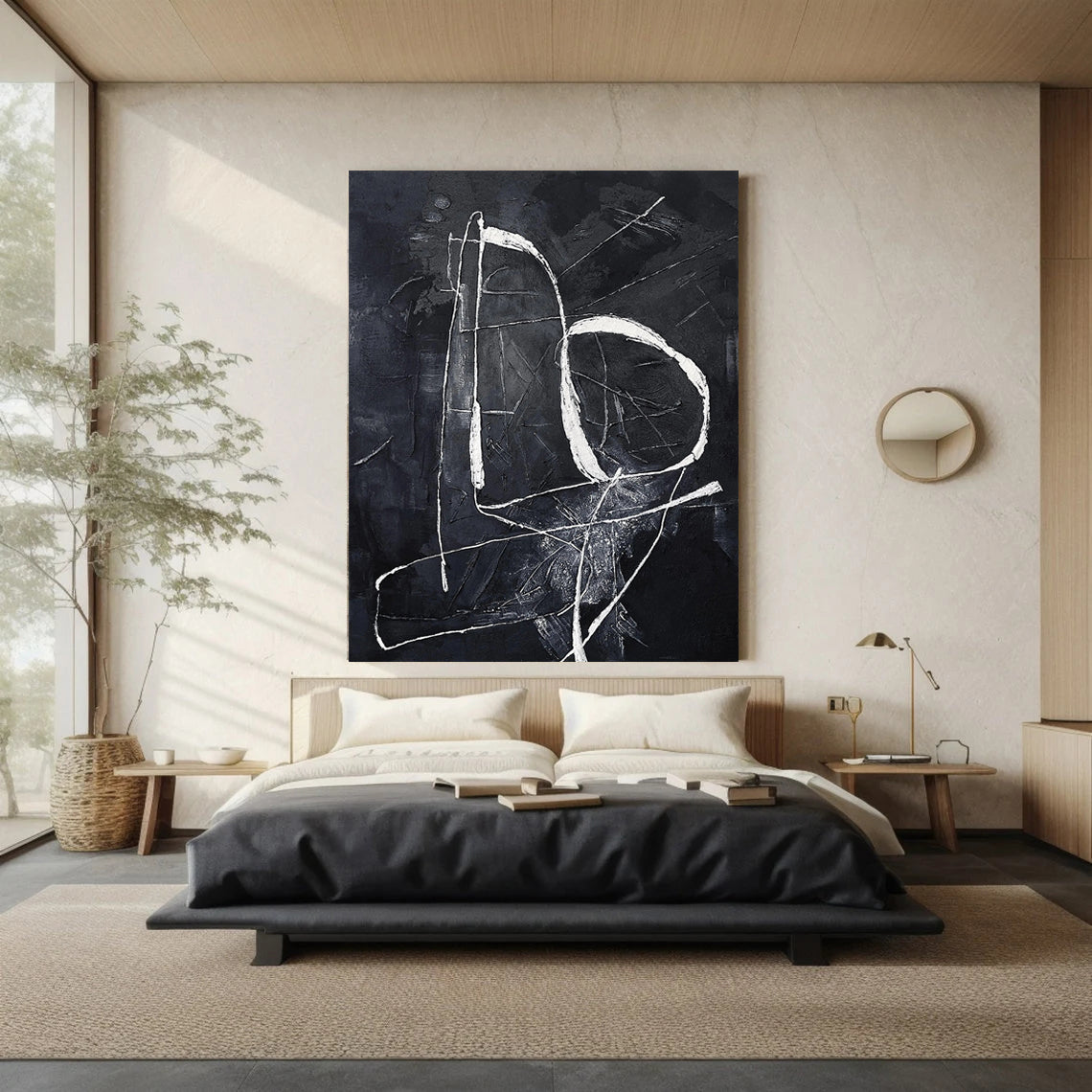 DARK LINEAGE: Minimalist Wall Art, Hand-Painted Black and White Abstract Line 3D Textured Studio Art
