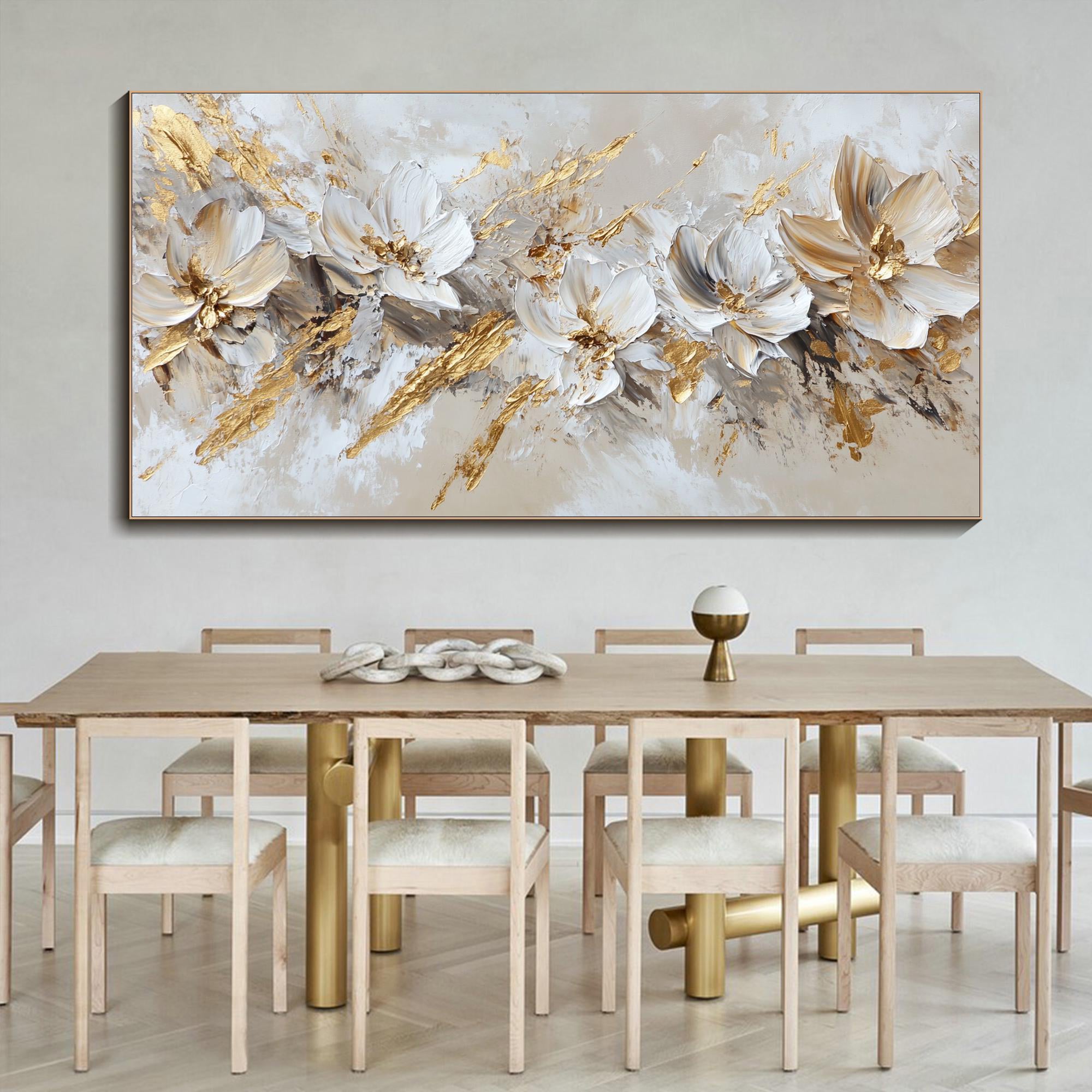 Divine Wings – Modern White & Gold Leaf Relief Floral Painting | Modern Luxury Botanical Bedroom & Living Room Art