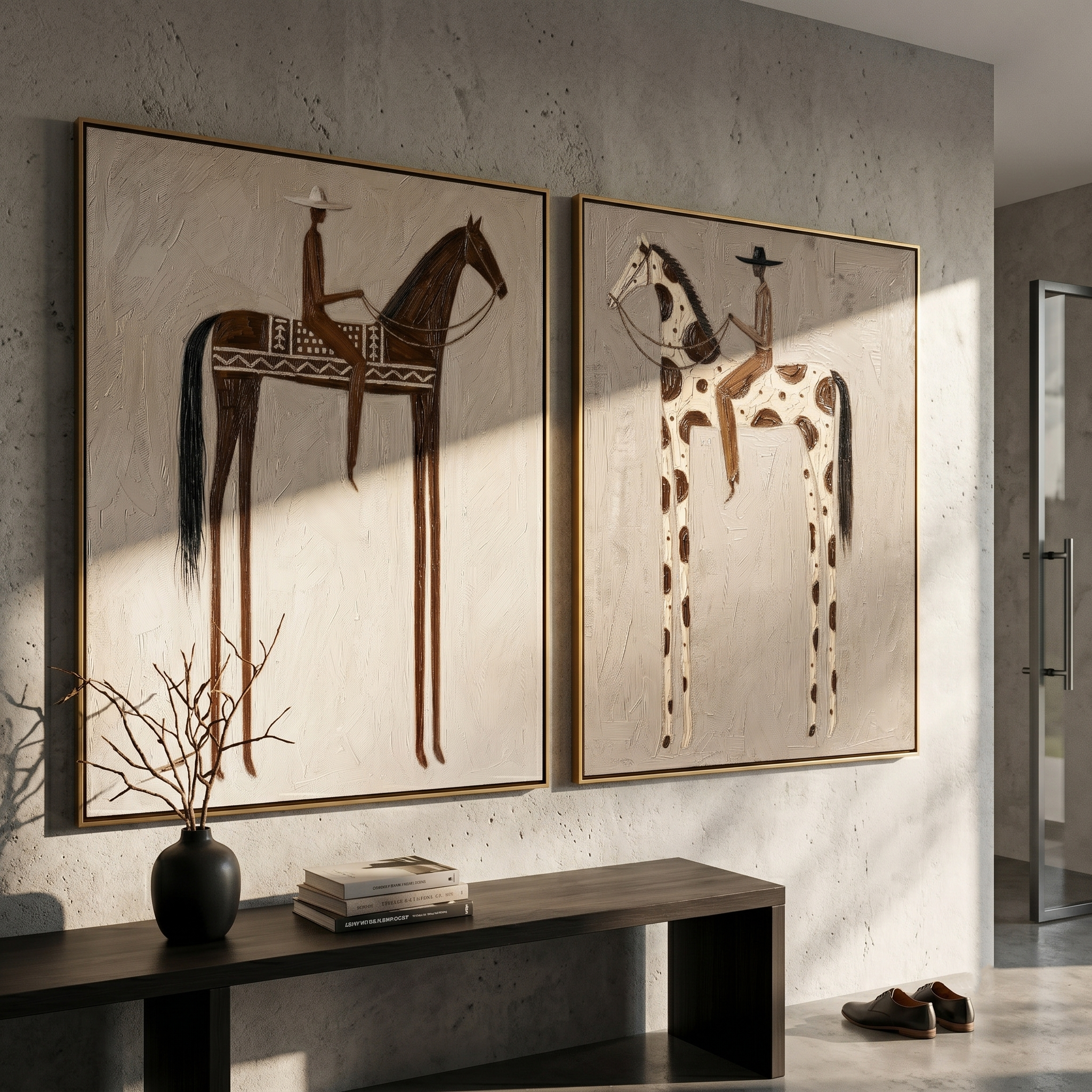 Warm Plain Diptych – Vintage Americana Two Folk Riders Two-Panel Painting | Rustic Modern Living Room Art