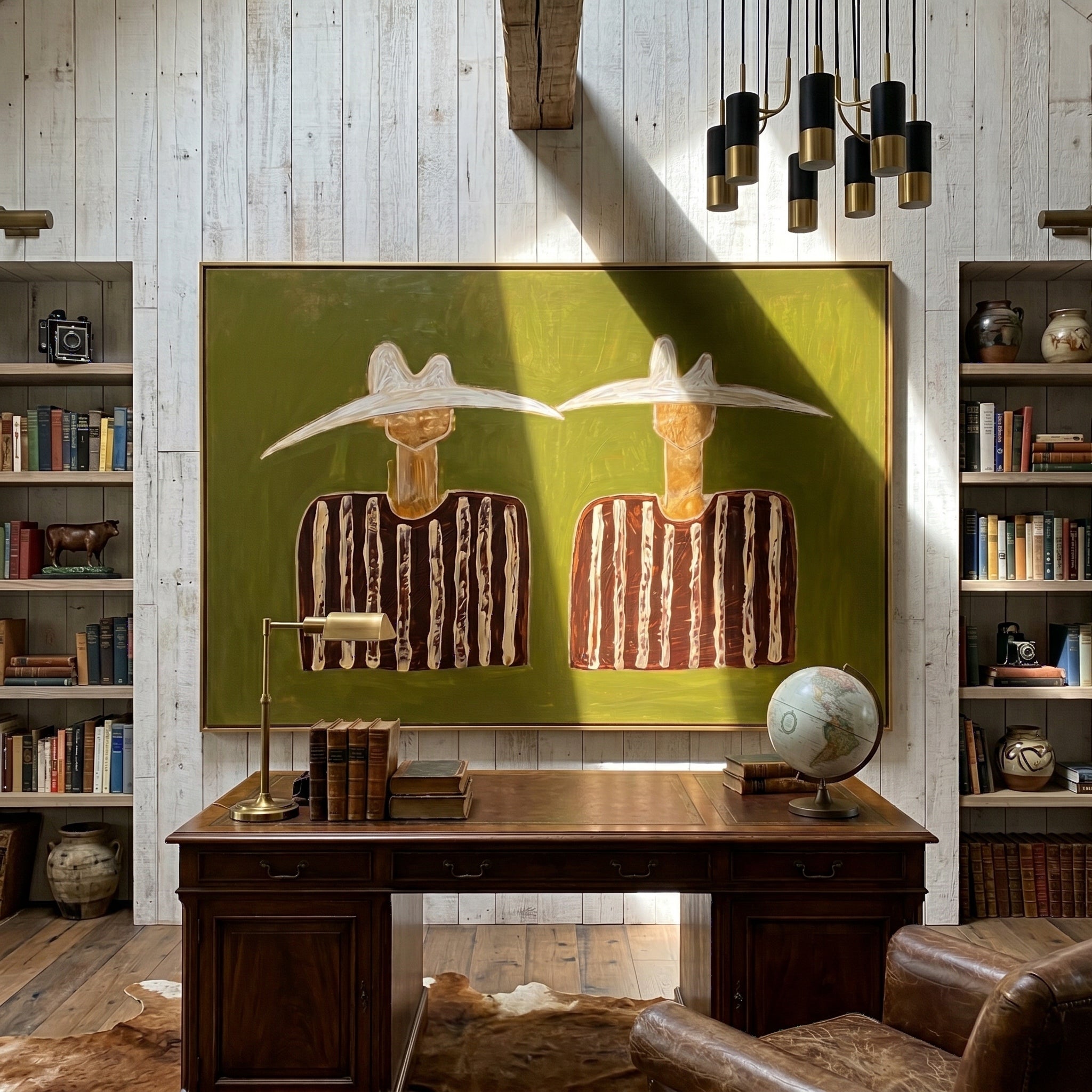 The Moss Reverie – Modernist Olive Green White-Hat Figures Painting | Rustic Minimalist Living Room Art