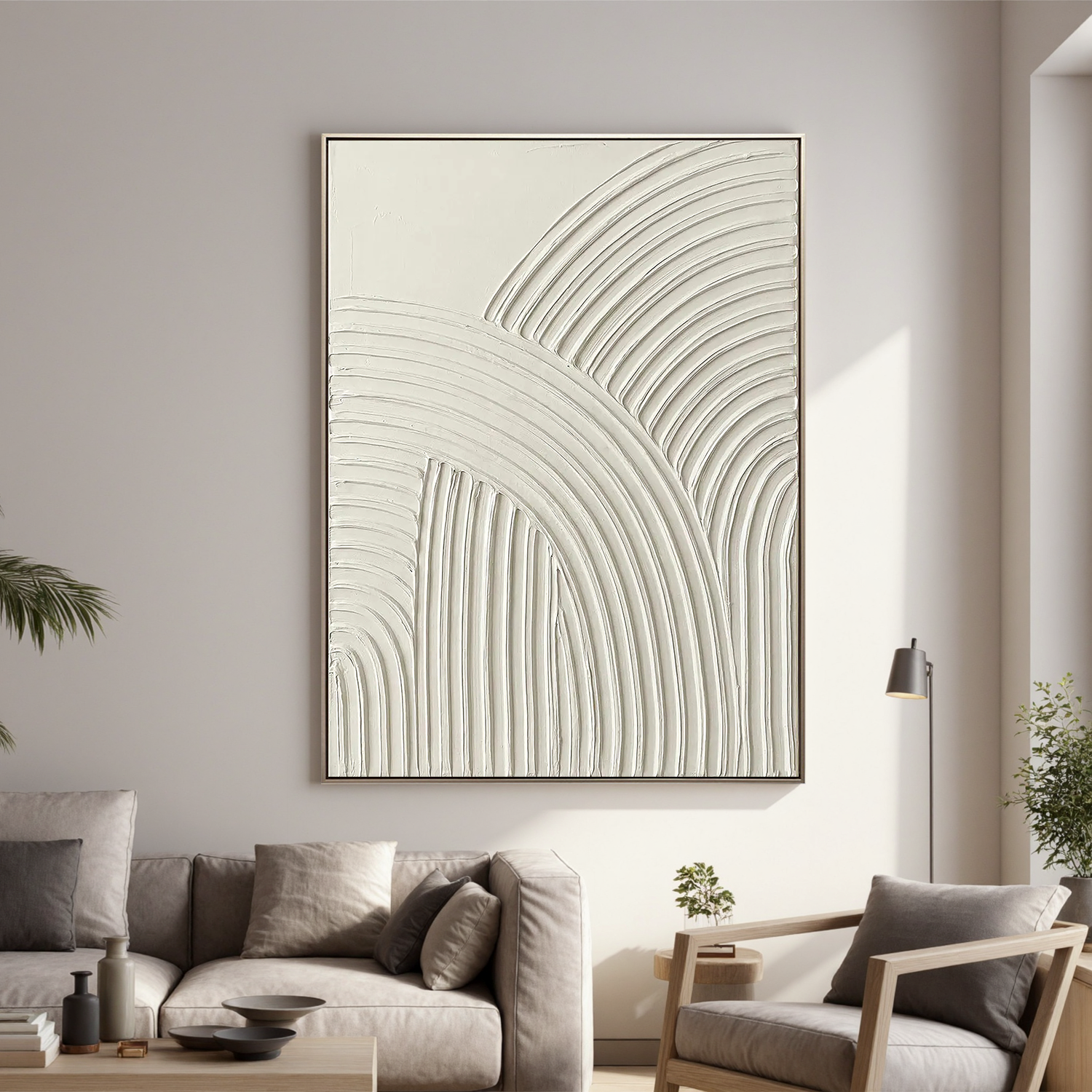 Sacred Arches – Minimalist Cream White Arch Textured Painting | Modern Geometric Plaster Hallway Art