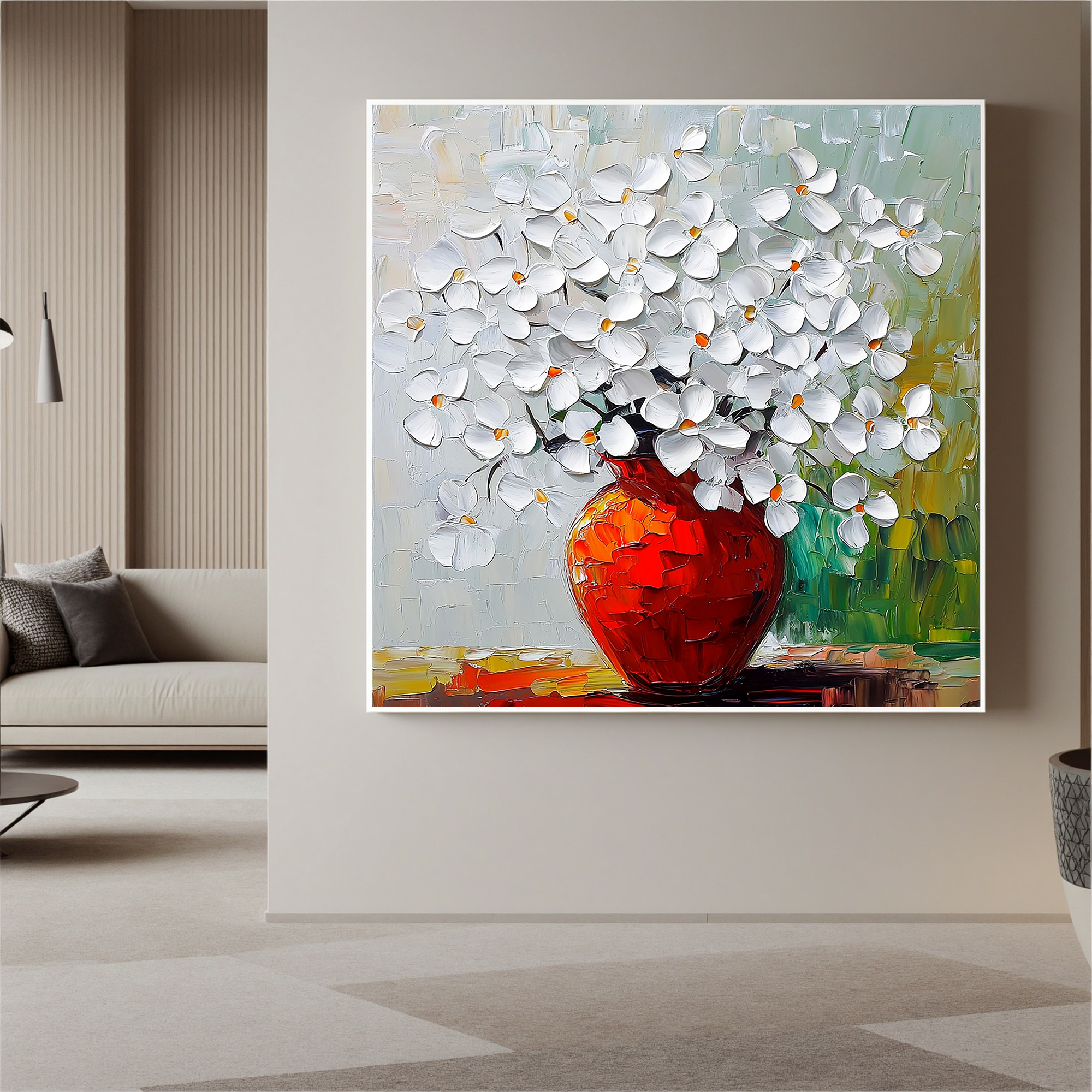 Blossoms in Vermilion – Modern Textured White Floral Painting | Luxury Red Vase Expressionist Hallway Art