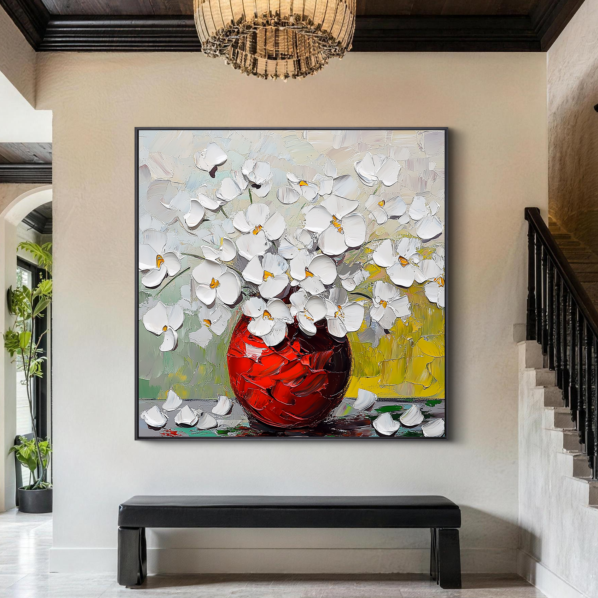 Crimson Radiance – Modern Textured White Floral Painting | Luxury Red Vase Impressionist Hallway Art