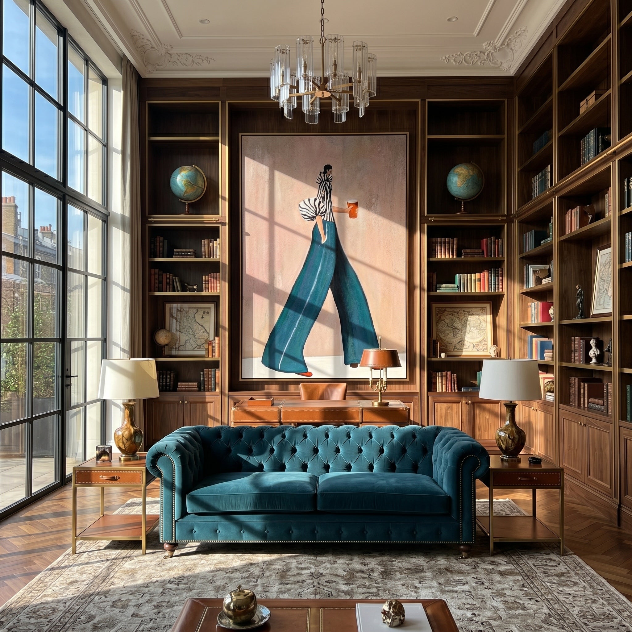 The Urban Stride – Avant-Garde Zebra Striped & Teal Figures Painting | Chic Dusty Pink Living Room Art