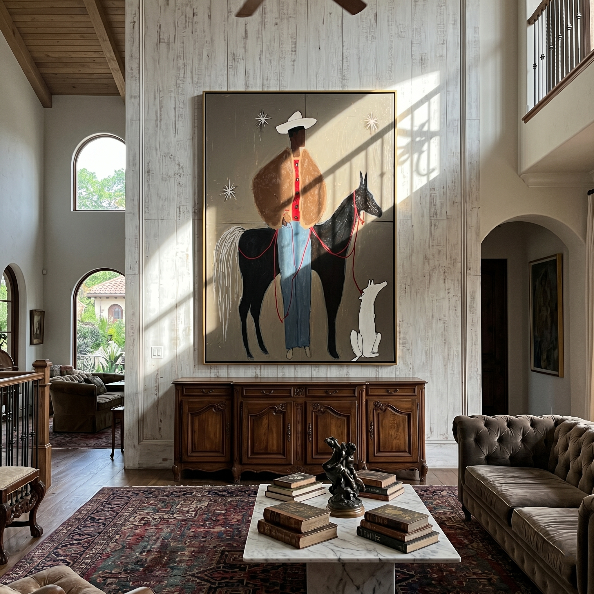 Starlit Companions – Contemporary Folk Art Cowboy & Horse Painting | Textured Wabi-Sabi Western Living Room Art