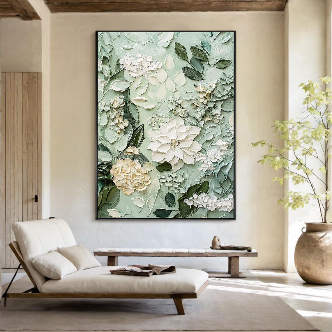 SAGE BLOSSOM: Floral Wall Art, Hand-Painted Sage Green and Creamy White 3D Impasto Heavy Texture Studio Art