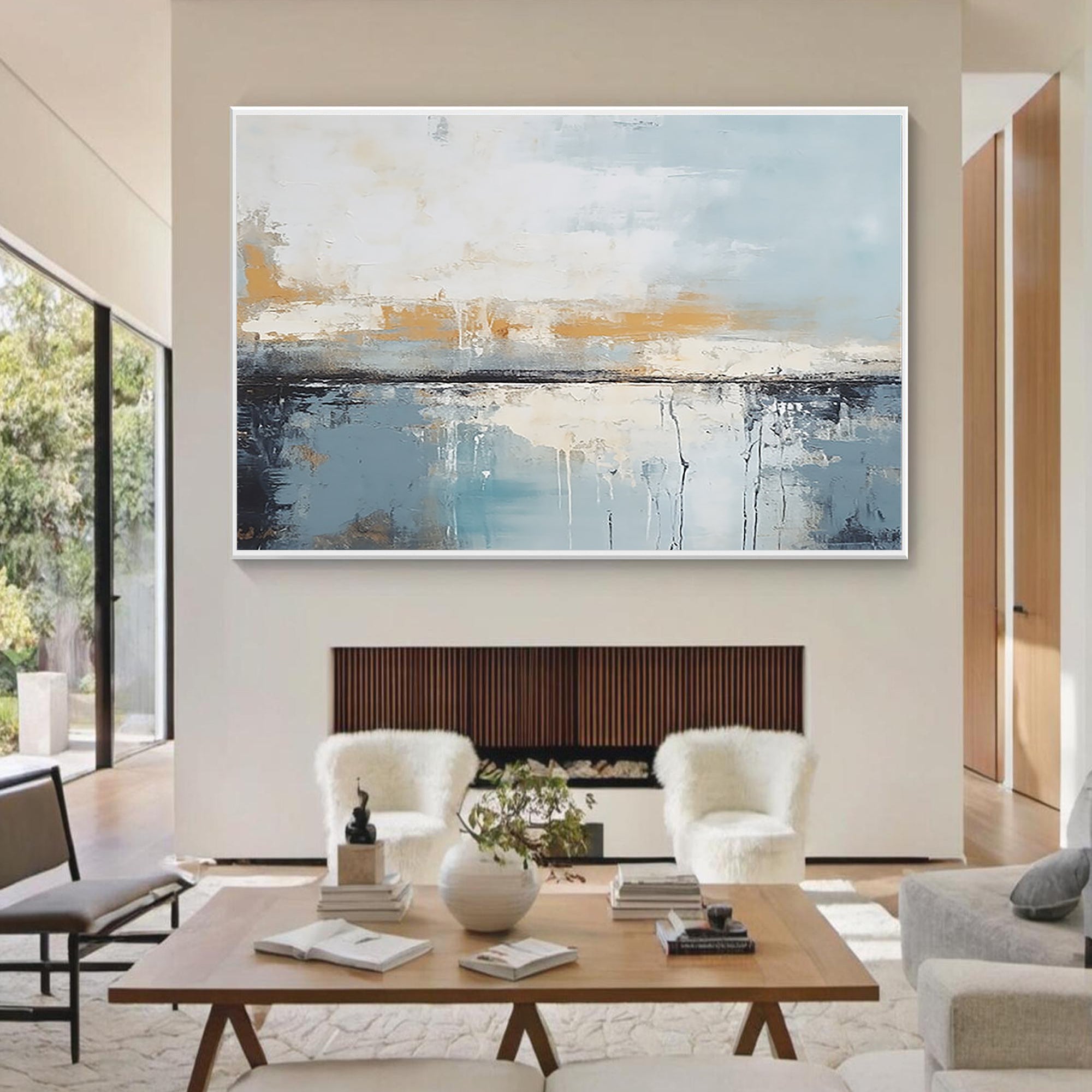 Ethereal Horizon – Modern Blue & Gold Palette Knife Relief Abstract Painting | Modern Abstract Living Room & Office Art