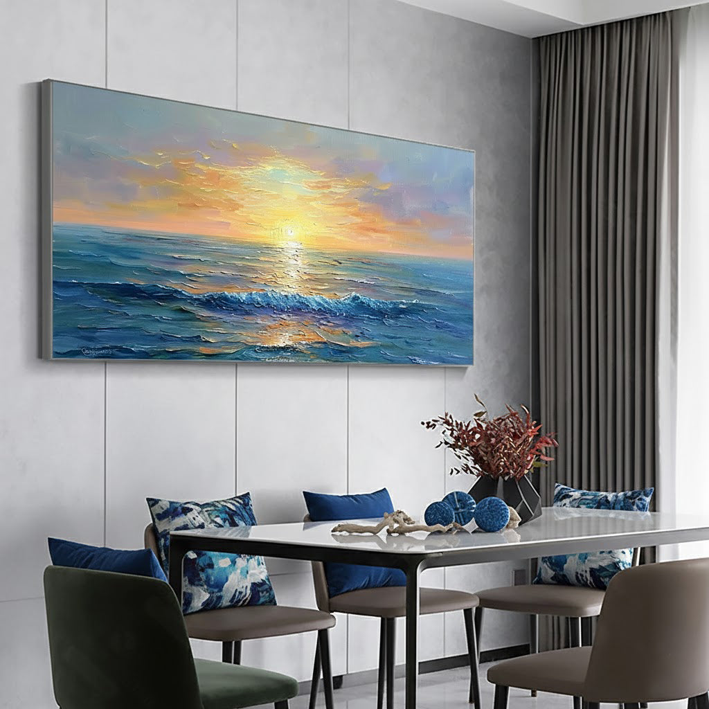 Golden Horizon – Ocean Sunset Wave Heavy Texture Hand-Painted Impressionist Seascape Painting | Coastal Modern Living Room & Bedroom Art