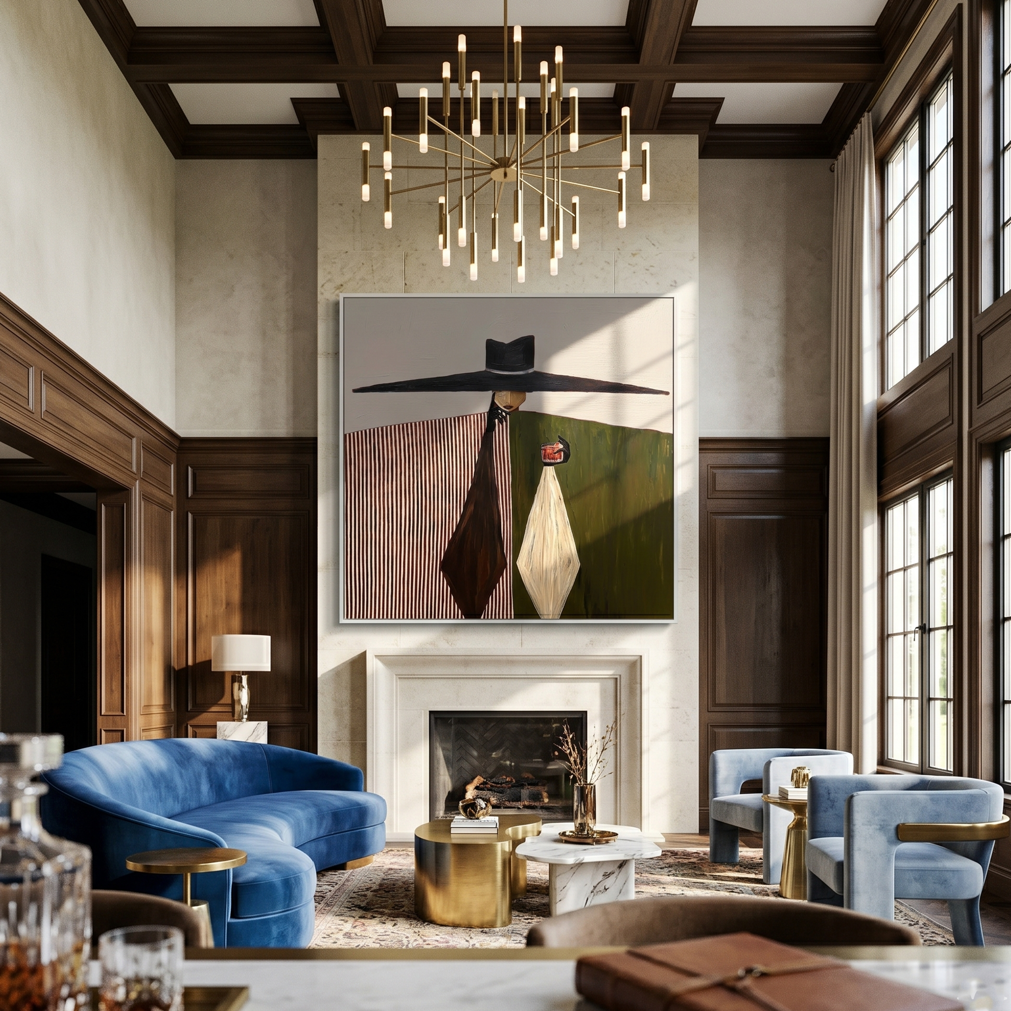 The Midnight Monologue – Surrealistic Modern Woman with Over-sized Hat Painting | Retro Elegant Living Room Art