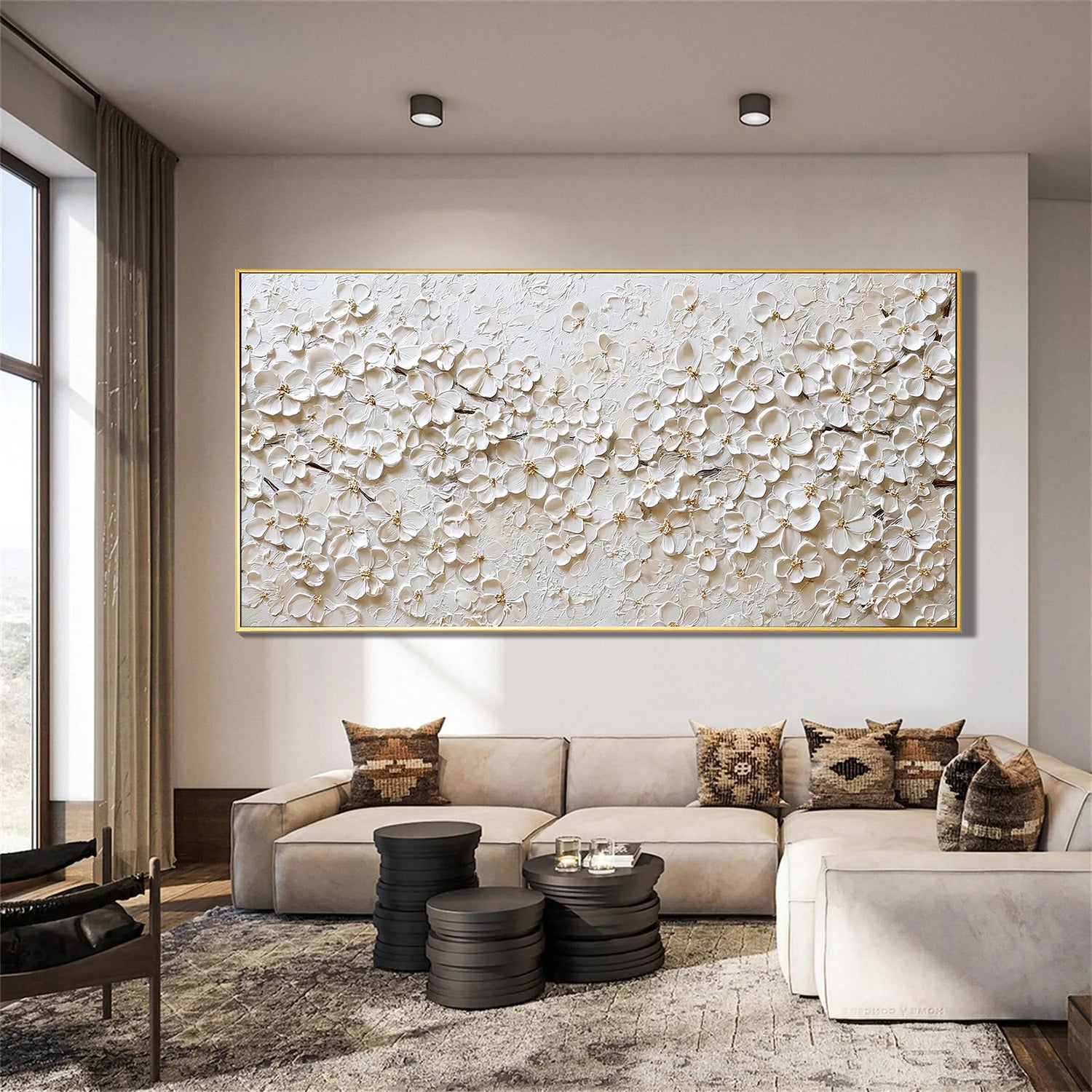 Champagne Melodies – Luxury All-White Floral Heavy Textured Painting | Large Horizontal Living Room Art