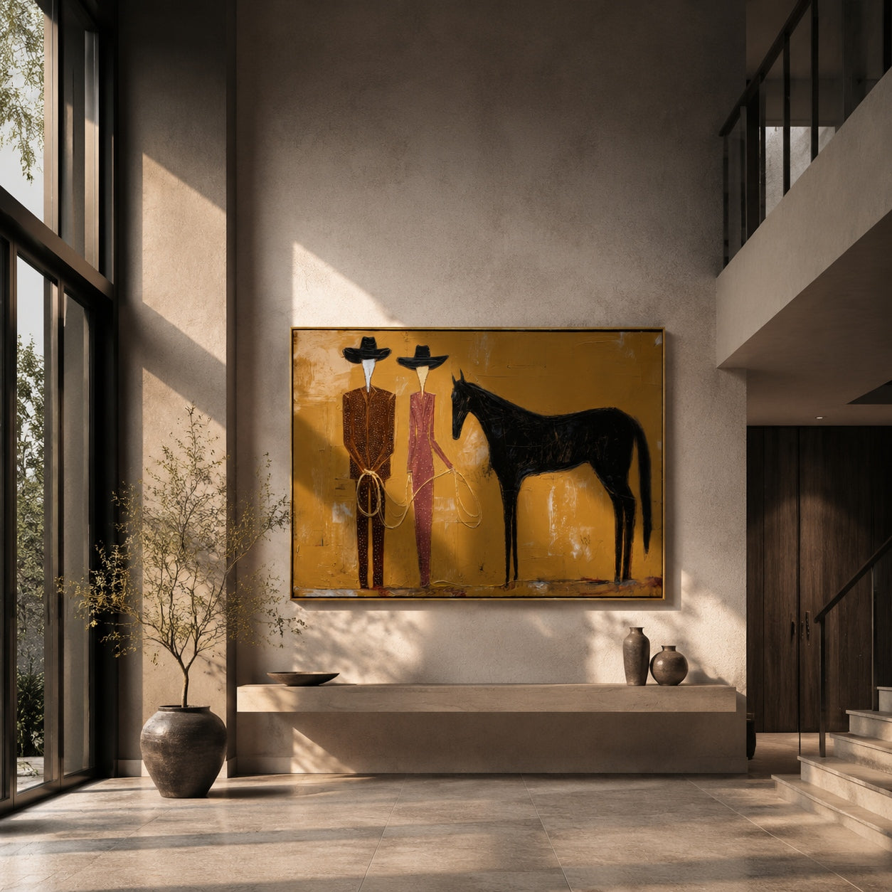 Whispers of the Wild – Avant-Garde Faceless Figures & Horse Textured Painting | Minimalist Luxury Living Room Art