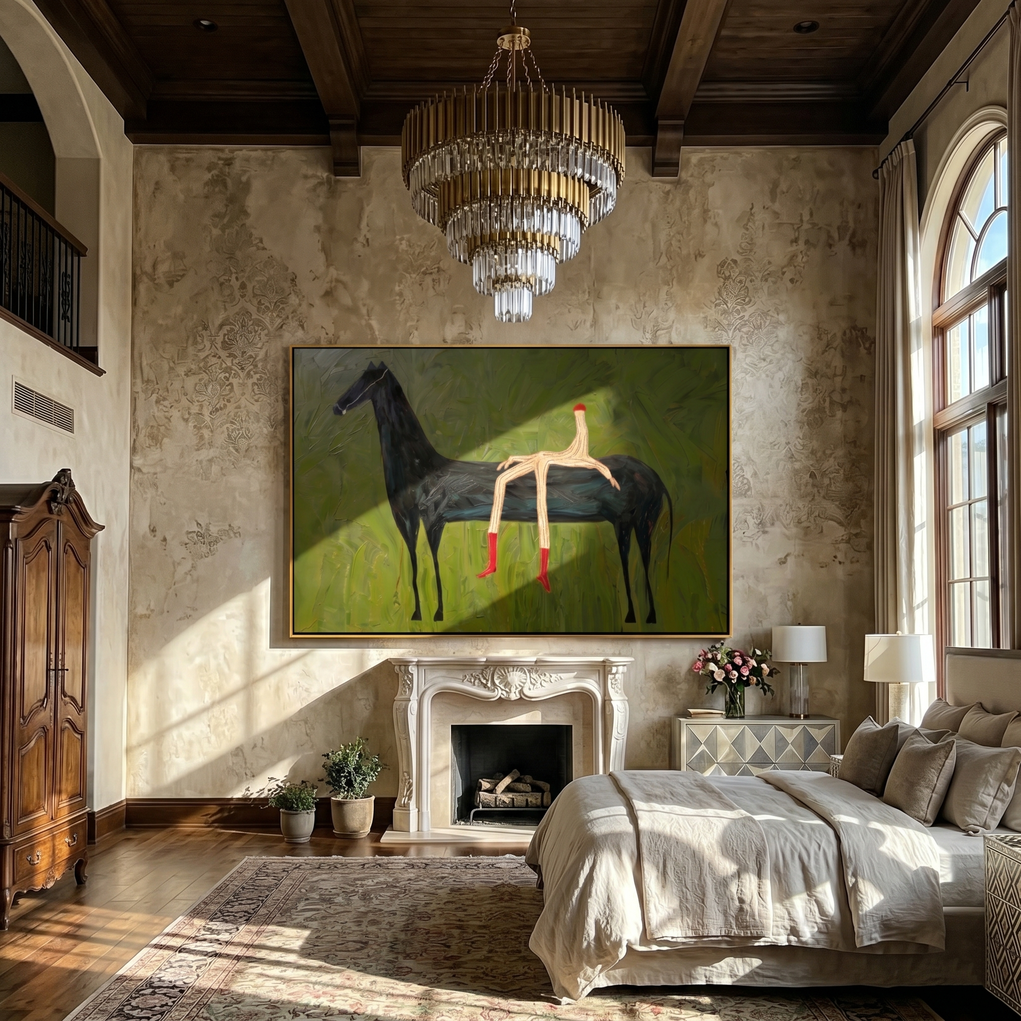 The Wilderness Rider – Modern Wabi-Sabi Dark Green Black Horse Painting | Minimalist Horizontal Living Room Art