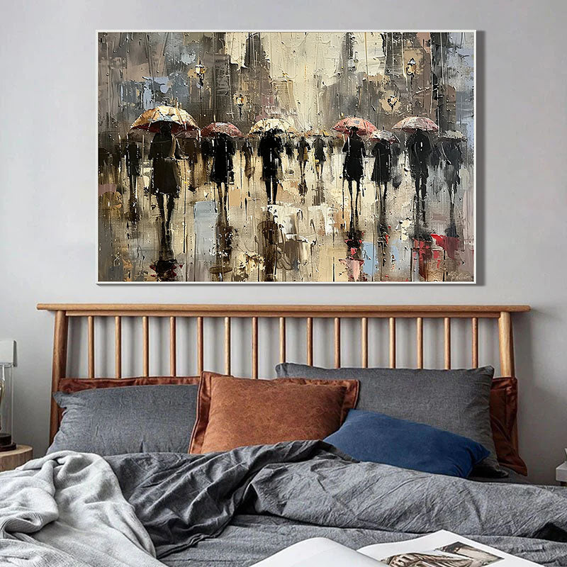 People-portraits #PE 485URBAN DRIZZLE: People Portrait Art, Hand-Painted Rainy Street Cityscape Umbrella Impressionist Textured Oil Painting