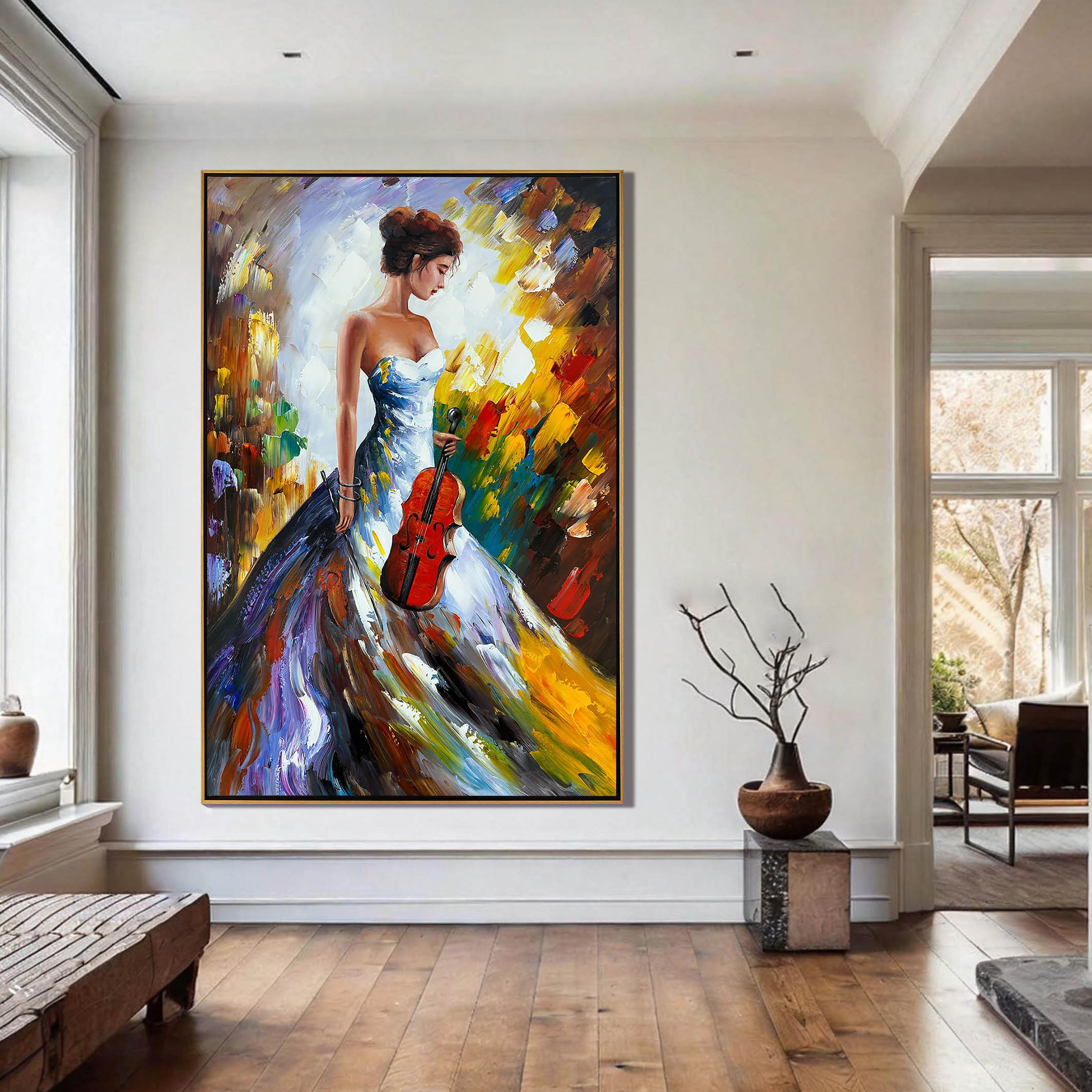 Melodic Muse – Palette Knife Lady in Gown Colorful Painting | Bold Expressionist Living Room & Dining Room Art