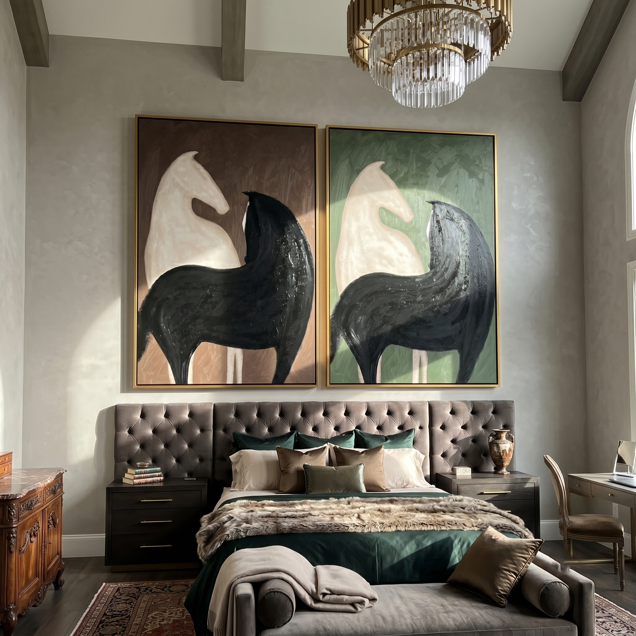 Duality Diptych – Vintage Americana Black & White Horse Two-Panel Painting | Contemporary Modern Living Room Art