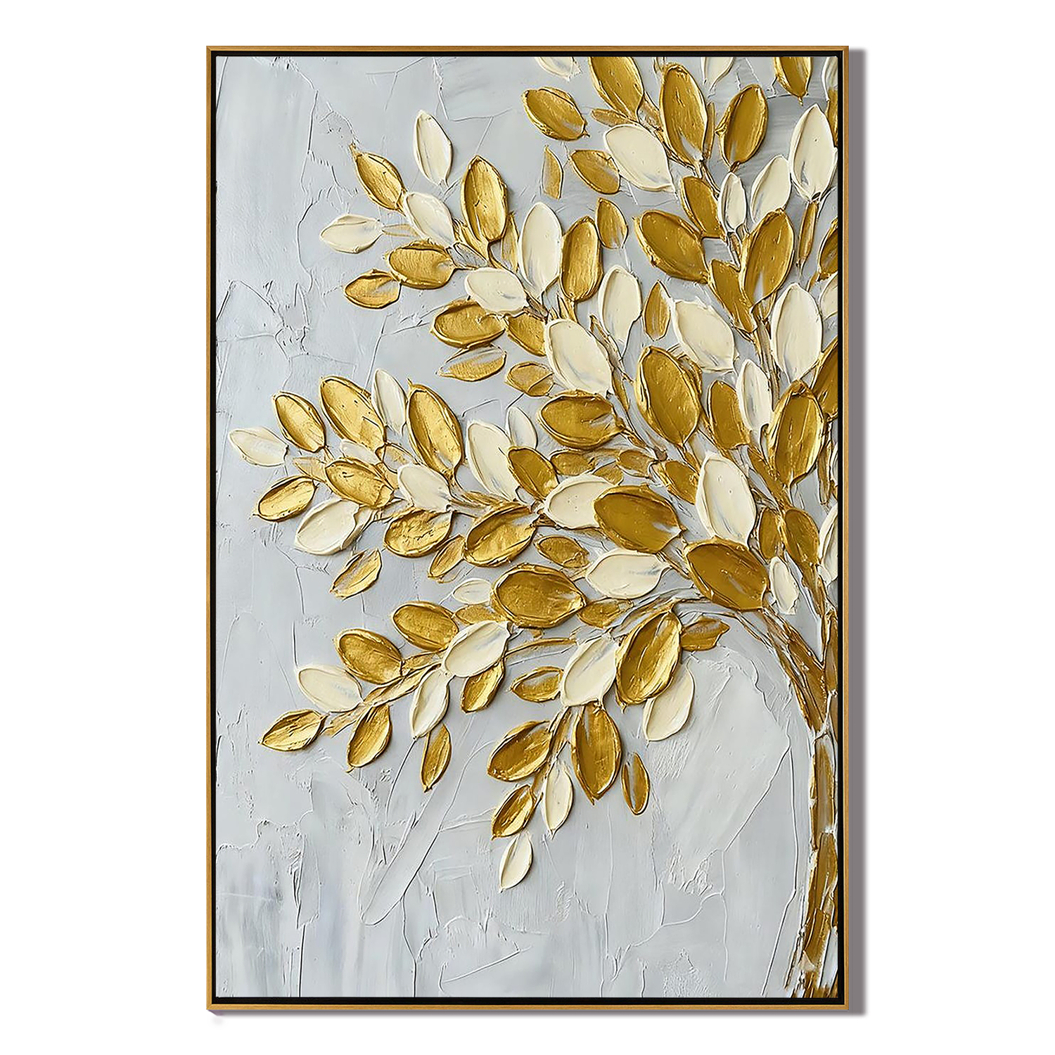 Gilded Prosperity – Modern Metallic Botanical Painting | Impasto Gold Leaf Tree Canvas Living Room Art
