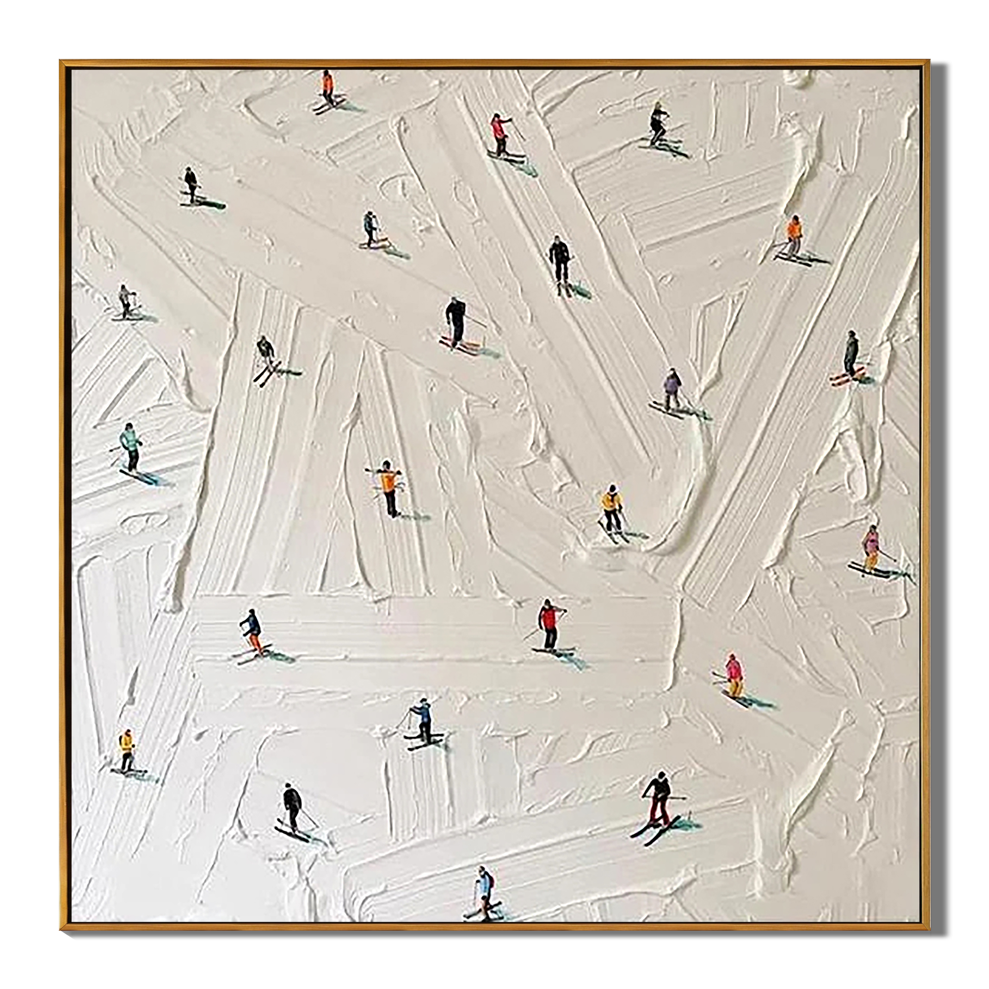 Winter Slopes – Modern Textured Skiing Scene Painting | Minimalist Miniature Figures Entryway Art