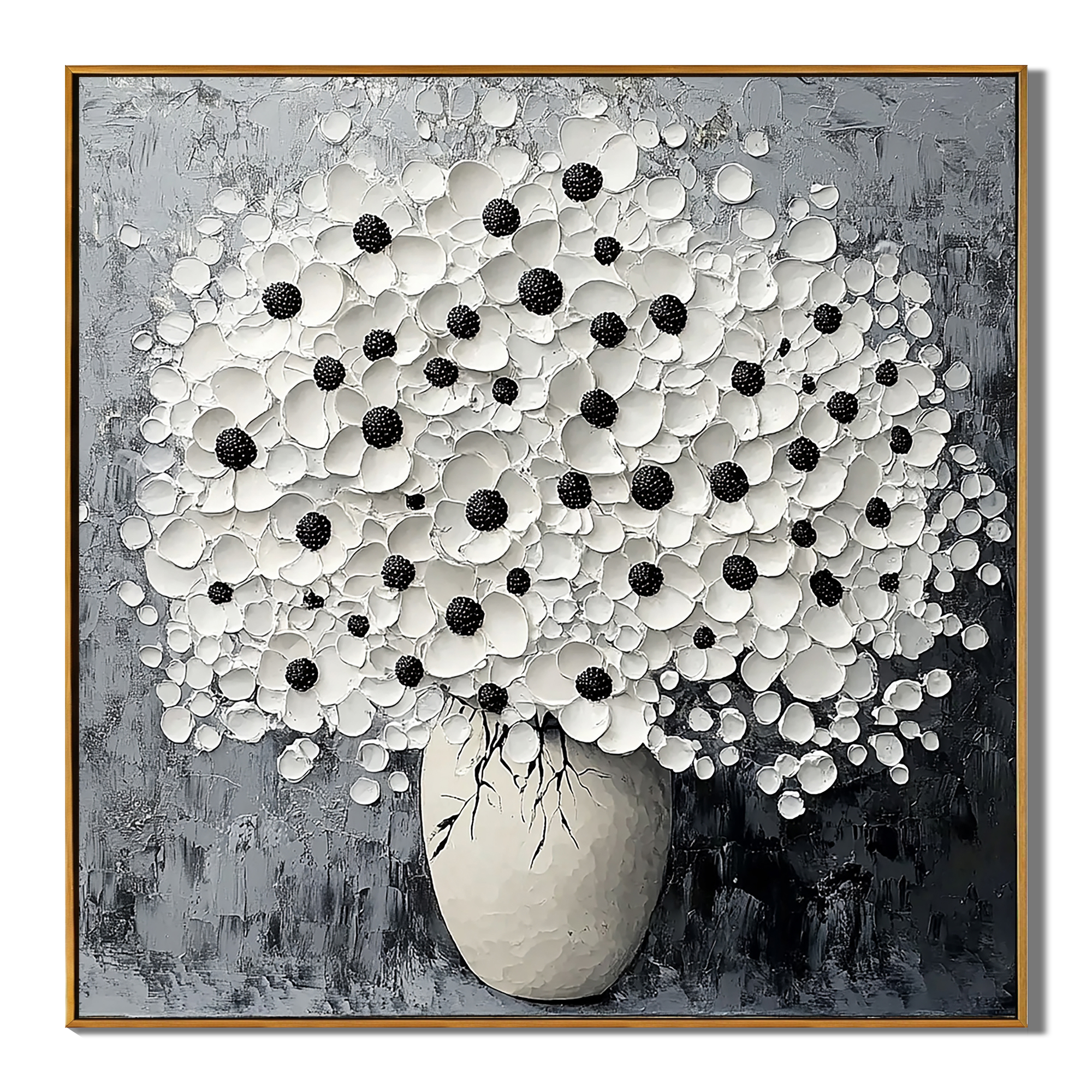 Monochrome Bloom – Modern Textured Black and White Floral Painting | Minimalist Impasto Still Life Vase Hallway Art