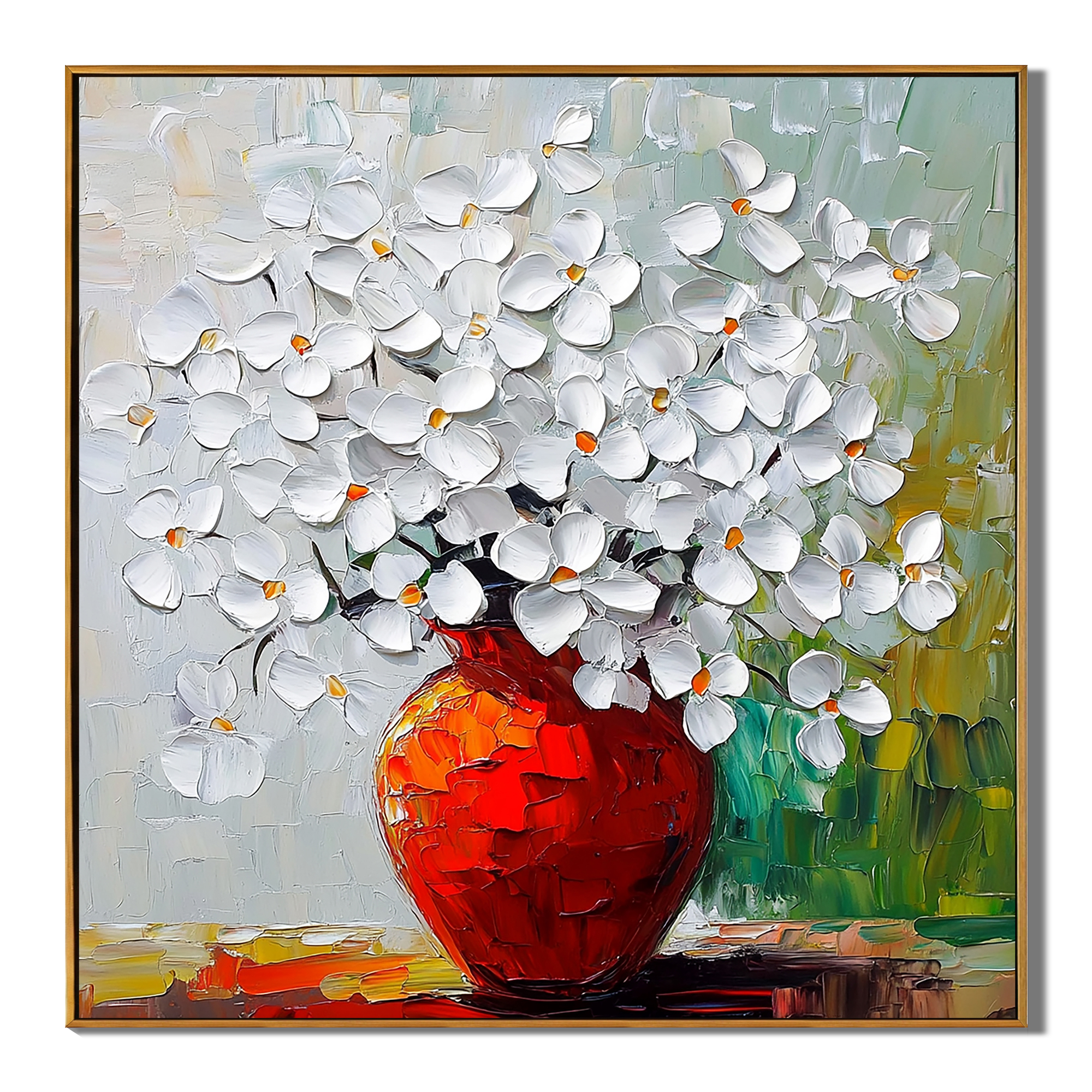 Blossoms in Vermilion – Modern Textured White Floral Painting | Luxury Red Vase Expressionist Hallway Art